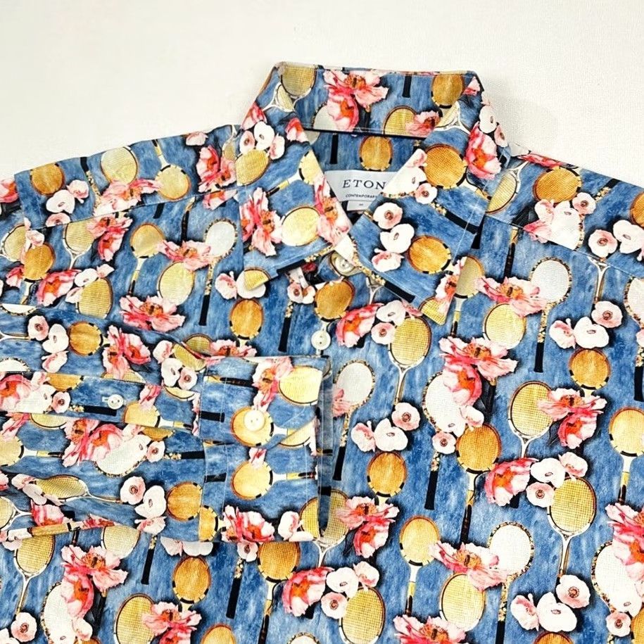 Eton VINTAGE ETON Shirt Mens M 39 15.5 Tennis Racket Racquet Flower All Over Preppy Button Up Size US L / EU 52-54 / 3 - 2 Thumbnail