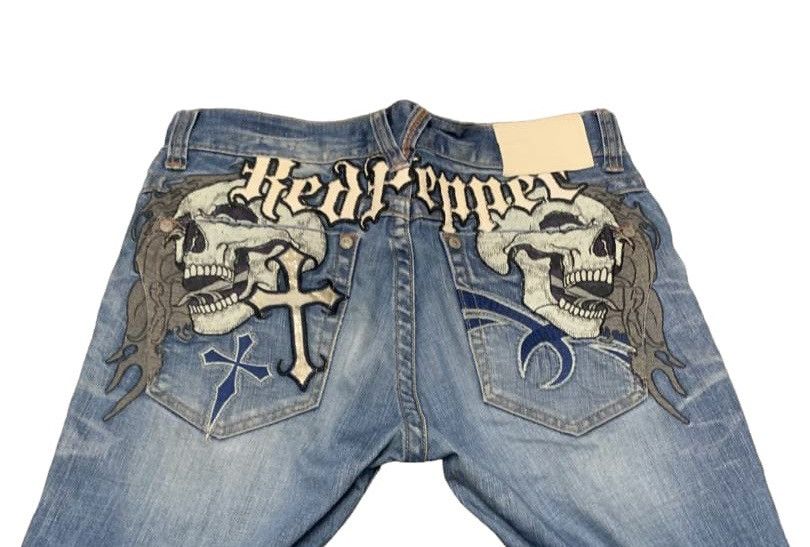 If Six Was Nine Vintage Red Pepper Embroidery Skull Faded Blue Jeans Size US 33 - 5 Thumbnail