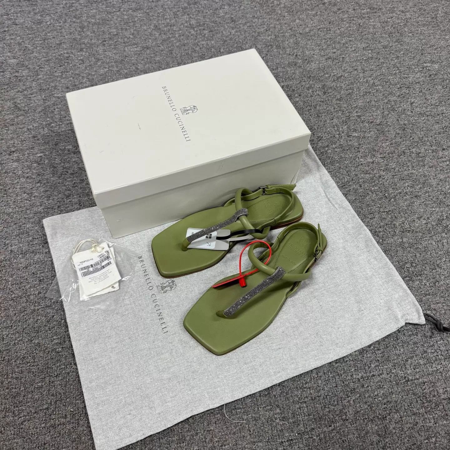 Brunello Cucinelli BC Olive Green Square Toe Monili Crystal Flat Sandal Size US 5 / IT 35 - 1 Thumbnail