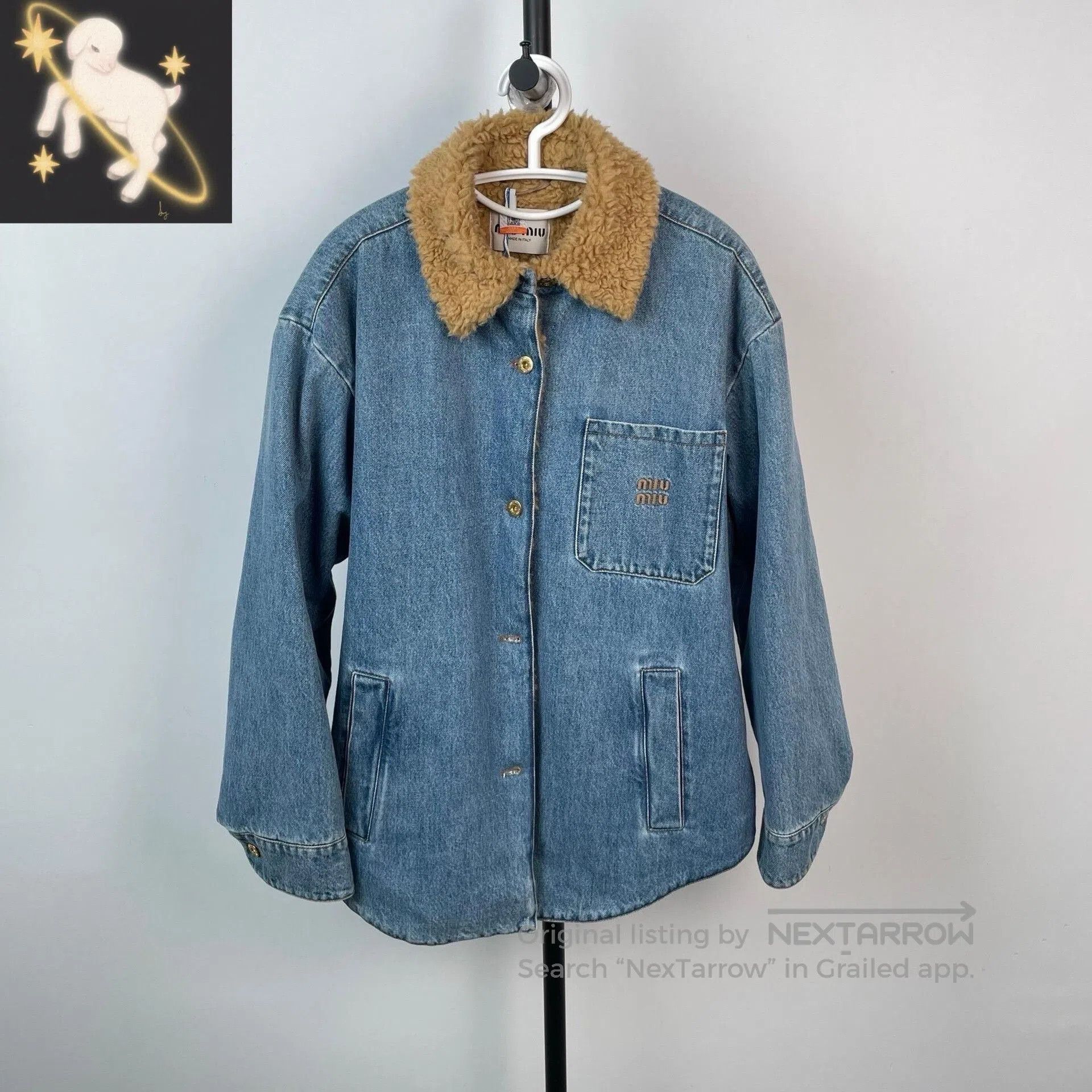 Miu Miu MiuMiu Blue Embroidered Logo Shearling Denim Jacket. Size S / US 4 / IT 40 - 1 Thumbnail