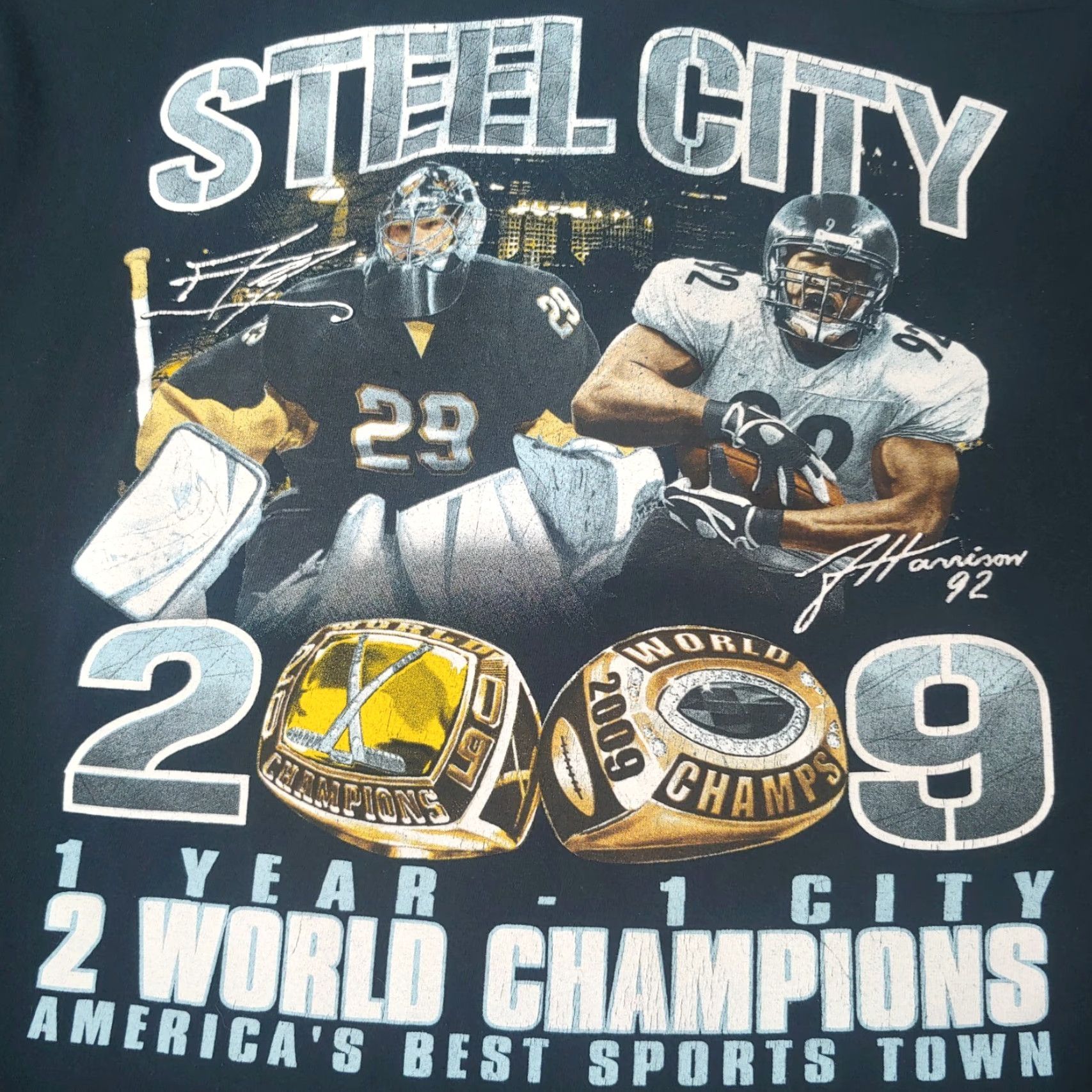 Gildan VINTAGE Steel City Pittsburgh 2009 2 World Champs Shirt XL Penguins Steelers Black Size US XL / EU 56 / 4 - 2 Thumbnail