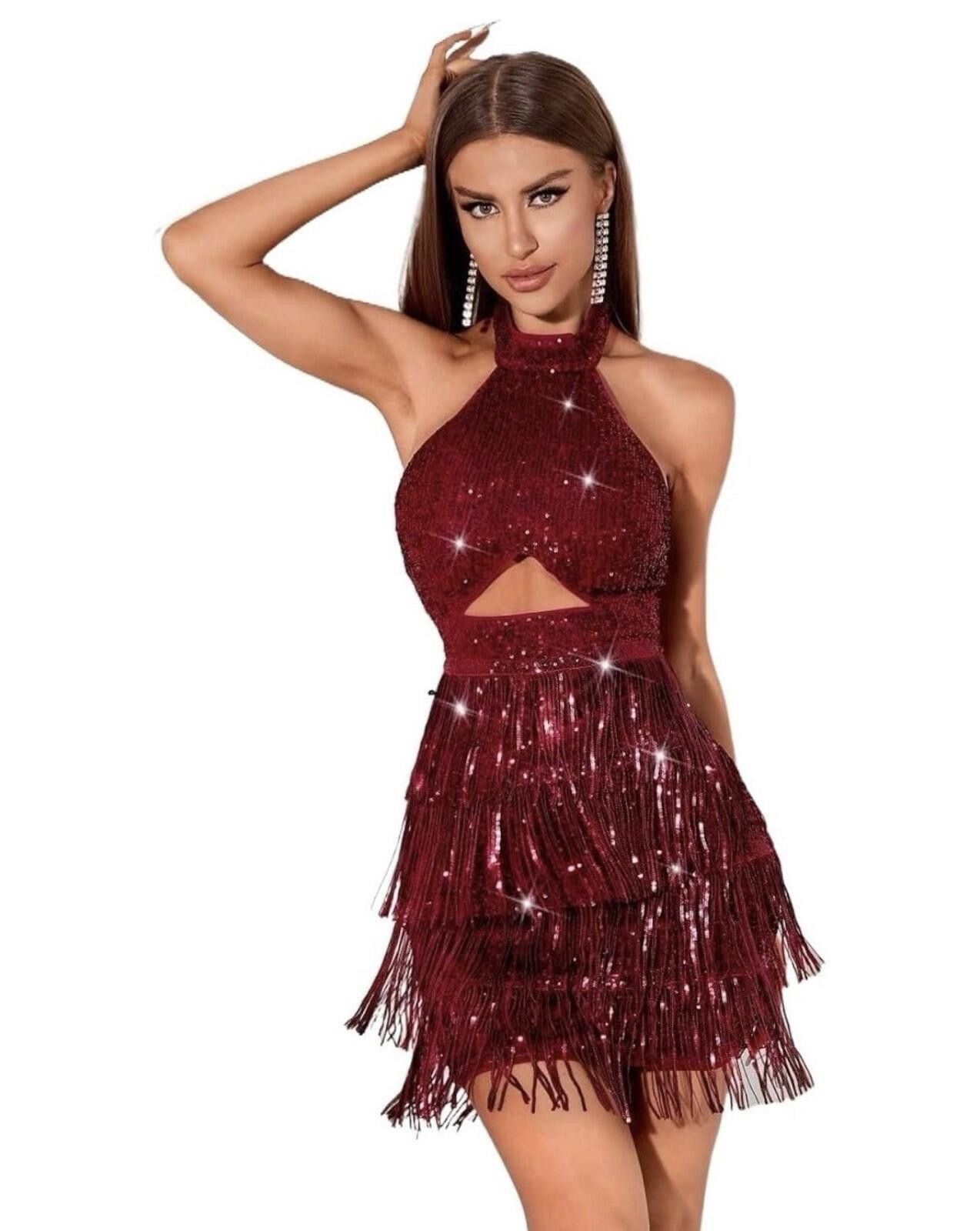 The Unbranded Brand Sexy halter Sleevele Bead Fringe Sequin Exposed Navel Dress Size XL / US 12-14 / IT 48-50 - 2 Thumbnail
