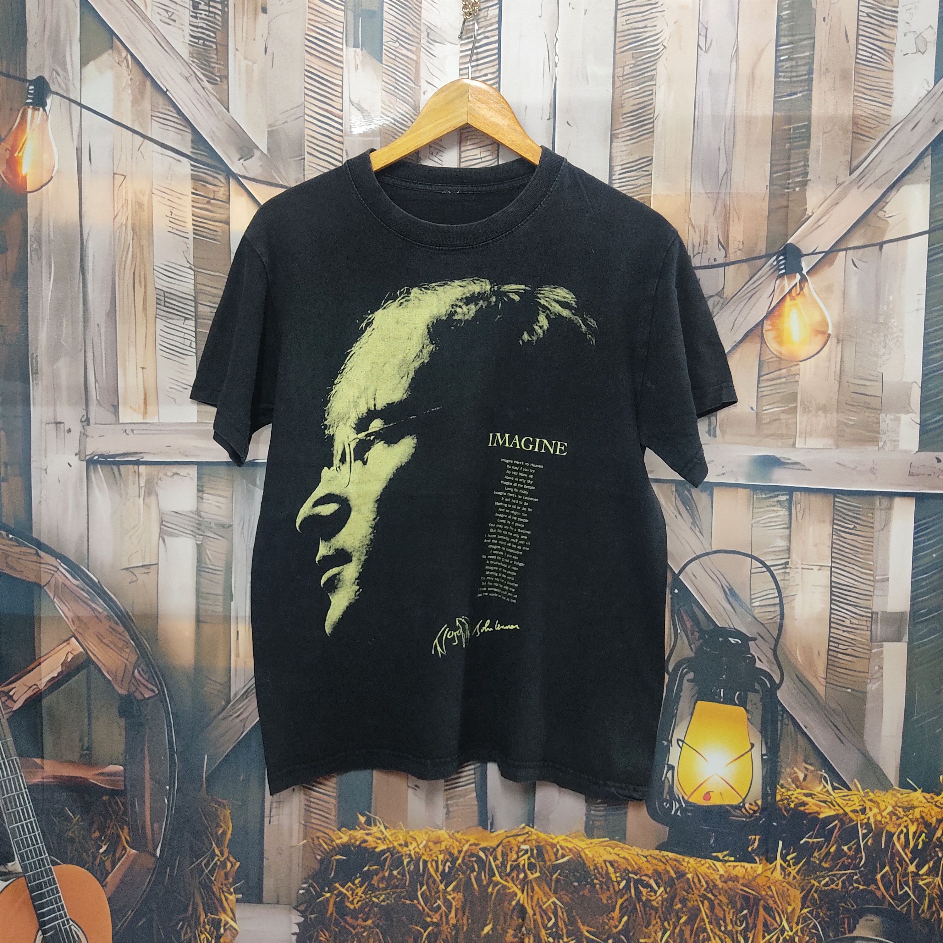 image of Band Tees x John Lennon Vintage John Lennon Imagine Lyrics Potret T-Shirt in Black (Size Medium)