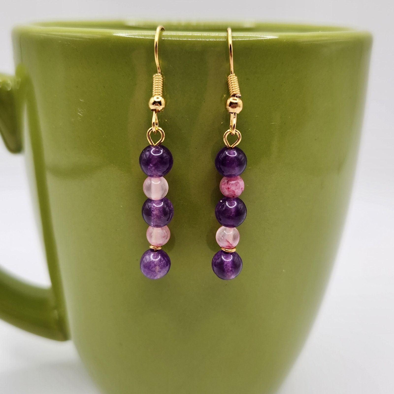 Other Handmade Purple Agate & Persian Pink Jade Dangle Earrings 2" Size ONE SIZE - 5 Thumbnail