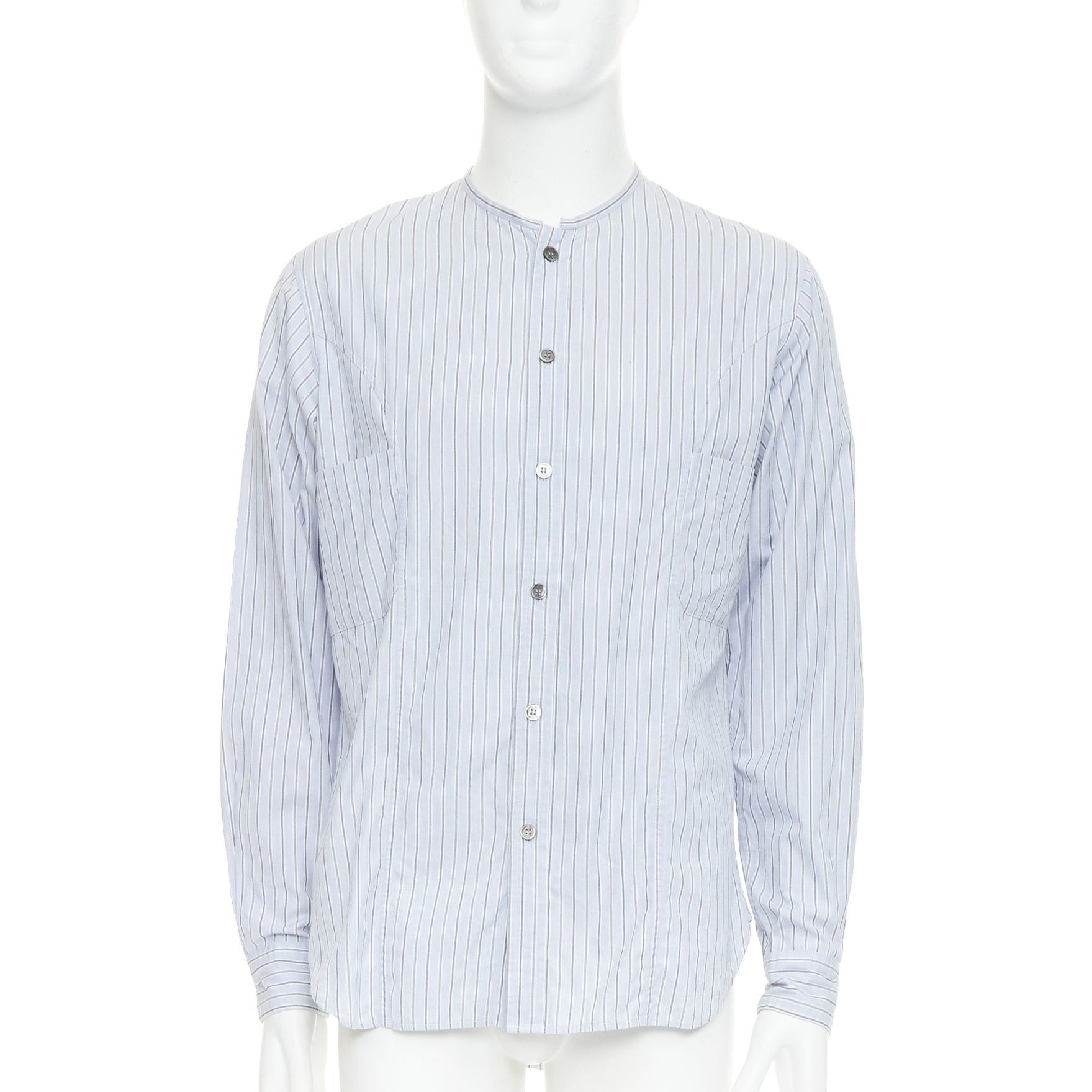 Yohji Yamamoto YOHJI YAMAMOTO HOMME light blue grey striped collarless button up shirt JP2 M Size US M / EU 48-50 / 2 - 1 Thumbnail
