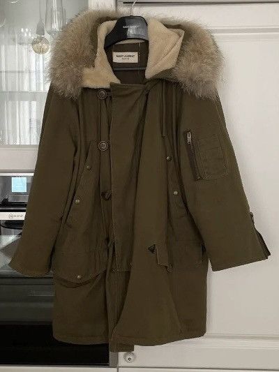 Image of Saint Laurent Paris Sheepskin Lines Hood Detail Parka in Khaki, Men's (Size Small)