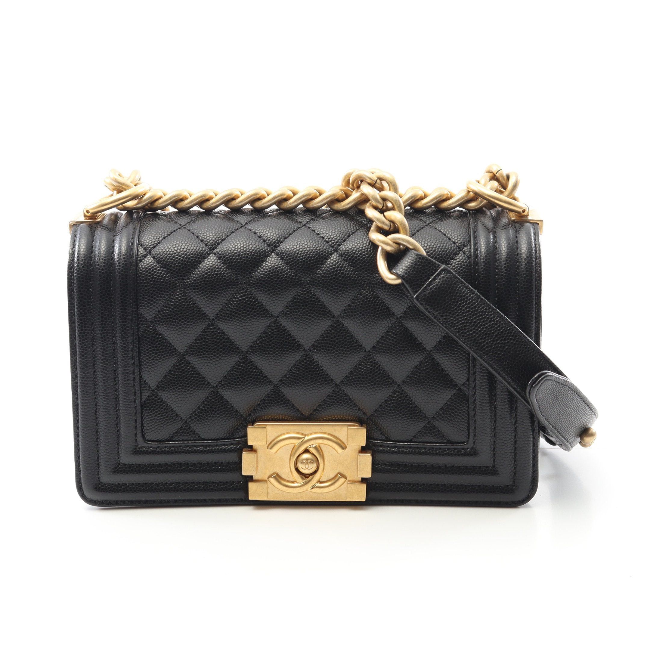 Chanel Boy Chanel Small Chain Shoulder Bag Caviar Skin Black Gold Hardware, Women's