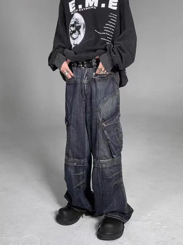 image of Heavy Industrial Style Washed Studded Large Pocket Jeans in Blue, Men's (Size 32)