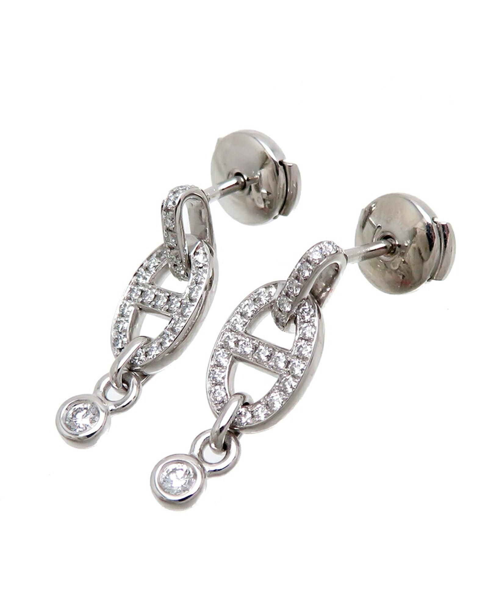 image of Hermes Gold Diamond Chaine Dancre Drop Earrings in Silver, Women's