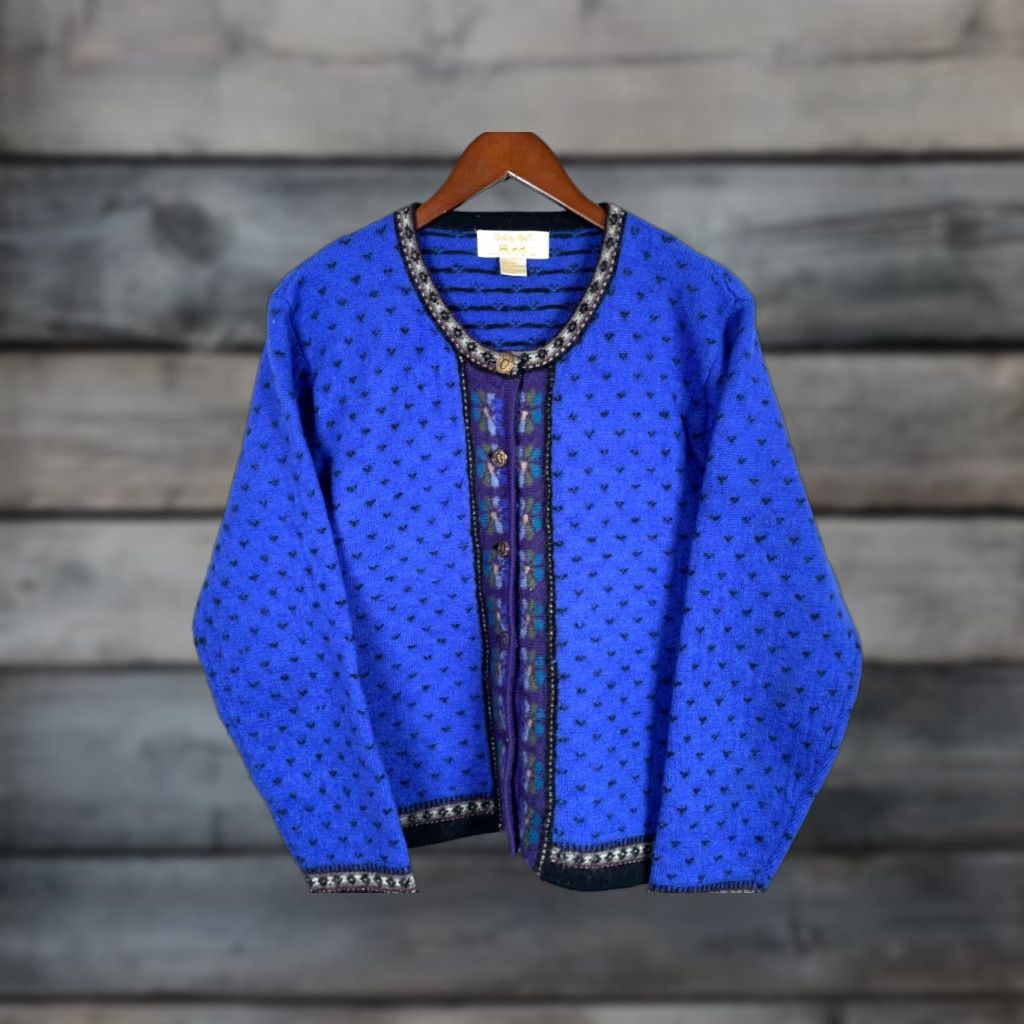 VINTAGE Tally Ho Wool Cardigan Women's XL Blue Geometric Chunky