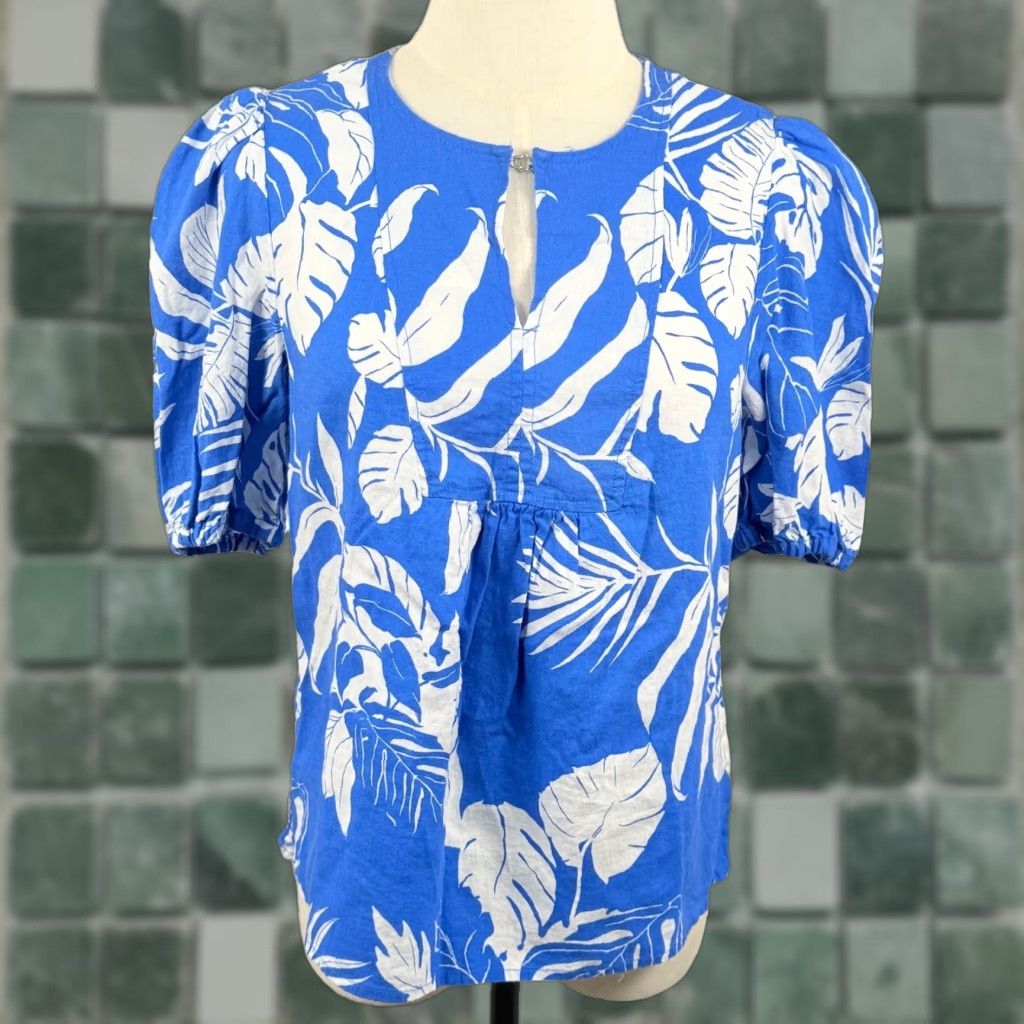 Panama Jack Panama Jack Blouse Womens Small Blue White Tropical Linen Blend Puff Sleeve Boho Shirt V-Neck Casual Summer Seasonal Womens Size S / US 4 / IT 40 - 1 Thumbnail