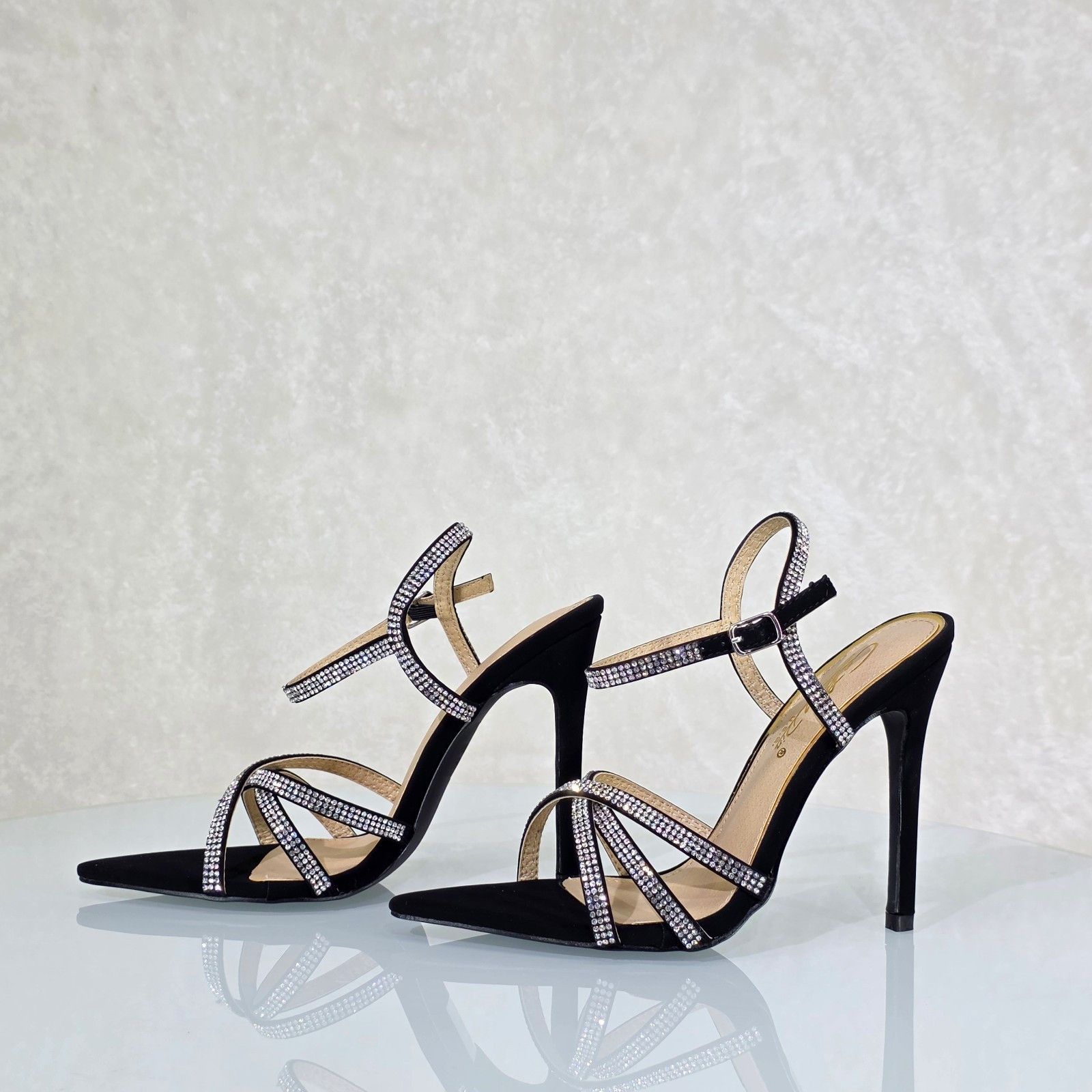 Other Marge Black Velvet Rhinestone Ankle Strap High Heels Evening Size US 5.5 / IT 35.5 - 1 Thumbnail