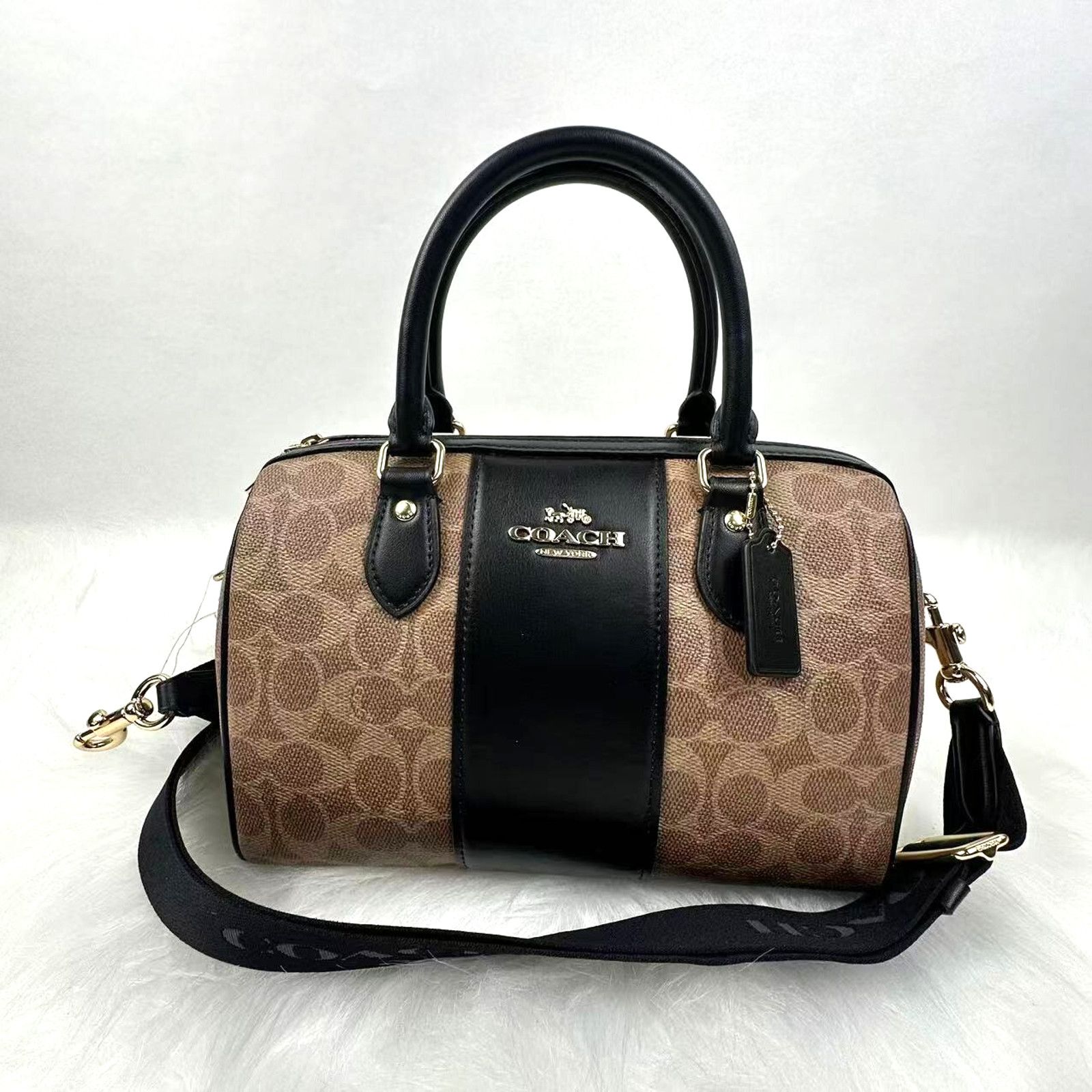 Coach Rowan Satchel Bag Crossbody In Sig Canvas In Tan/black in Brown, Women's
