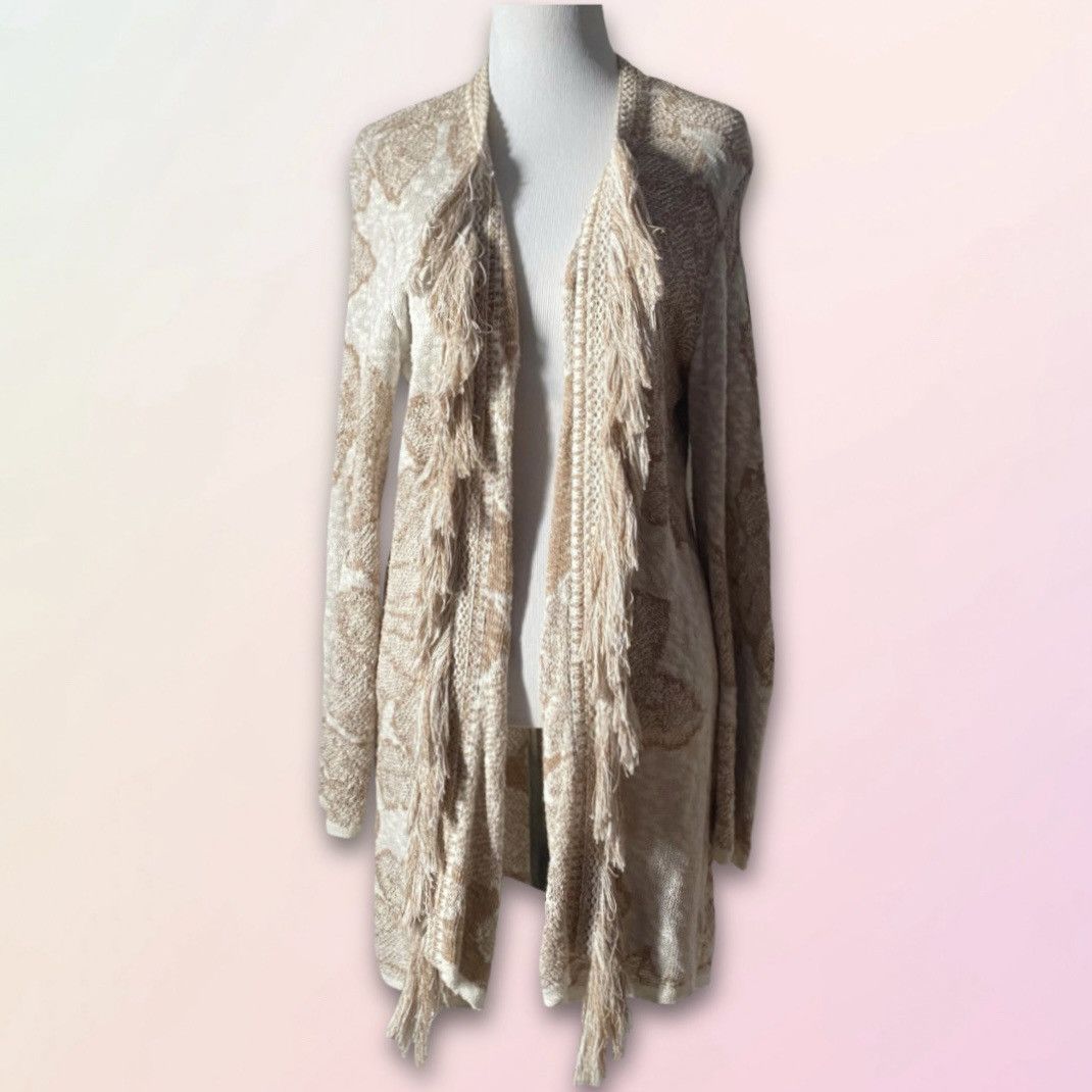 NIC+ZOE NICE + ZOE, Beige/Cream, Floral/Fringed, Open Knit Cardigan Size L / US 10 / IT 46 - 1 Thumbnail