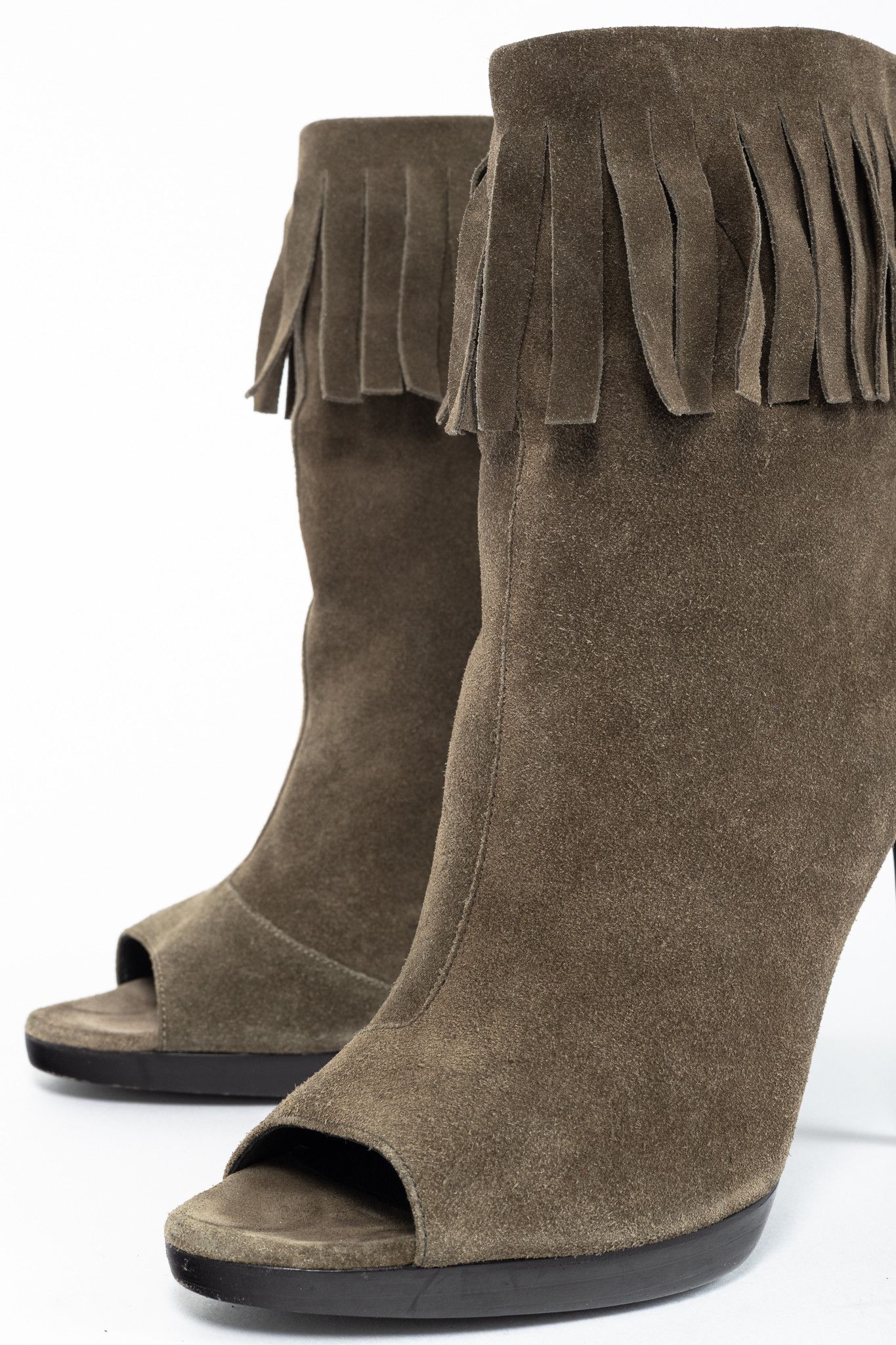 Burberry Burberry Pelling Khaki Suede Fringe Peep-Toe Booties Size US 8.5 / IT 38.5 - 7 Thumbnail