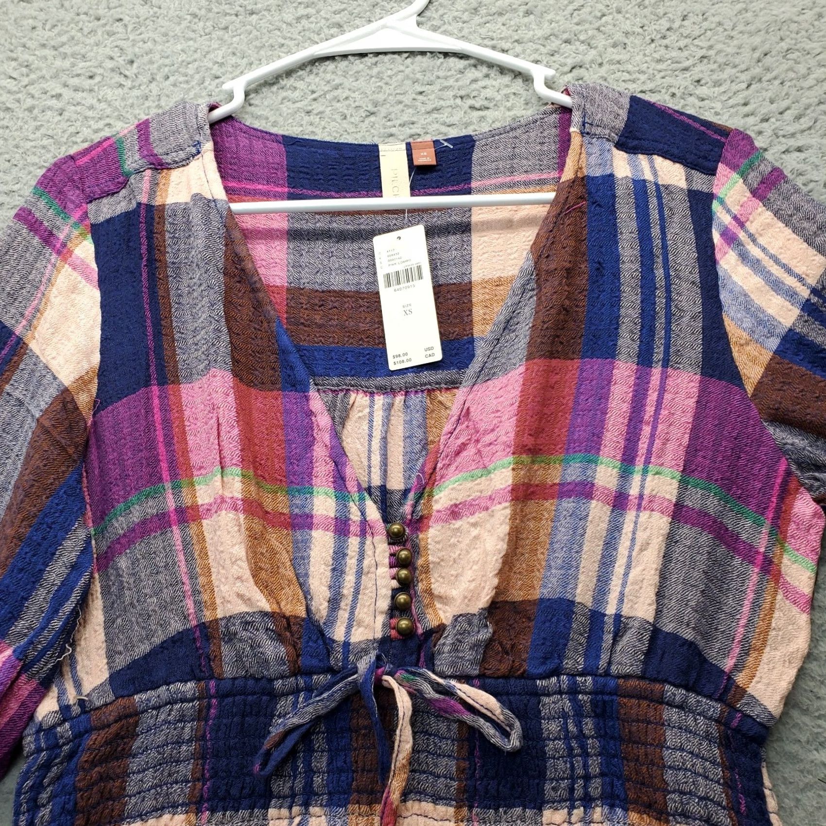 Vintage Pilcro Anthropologie Blouse Women's XS Multi Plaid Tie Waist V Neck Button Front Size XS / US 0-2 / IT 36-38 - 5 Thumbnail