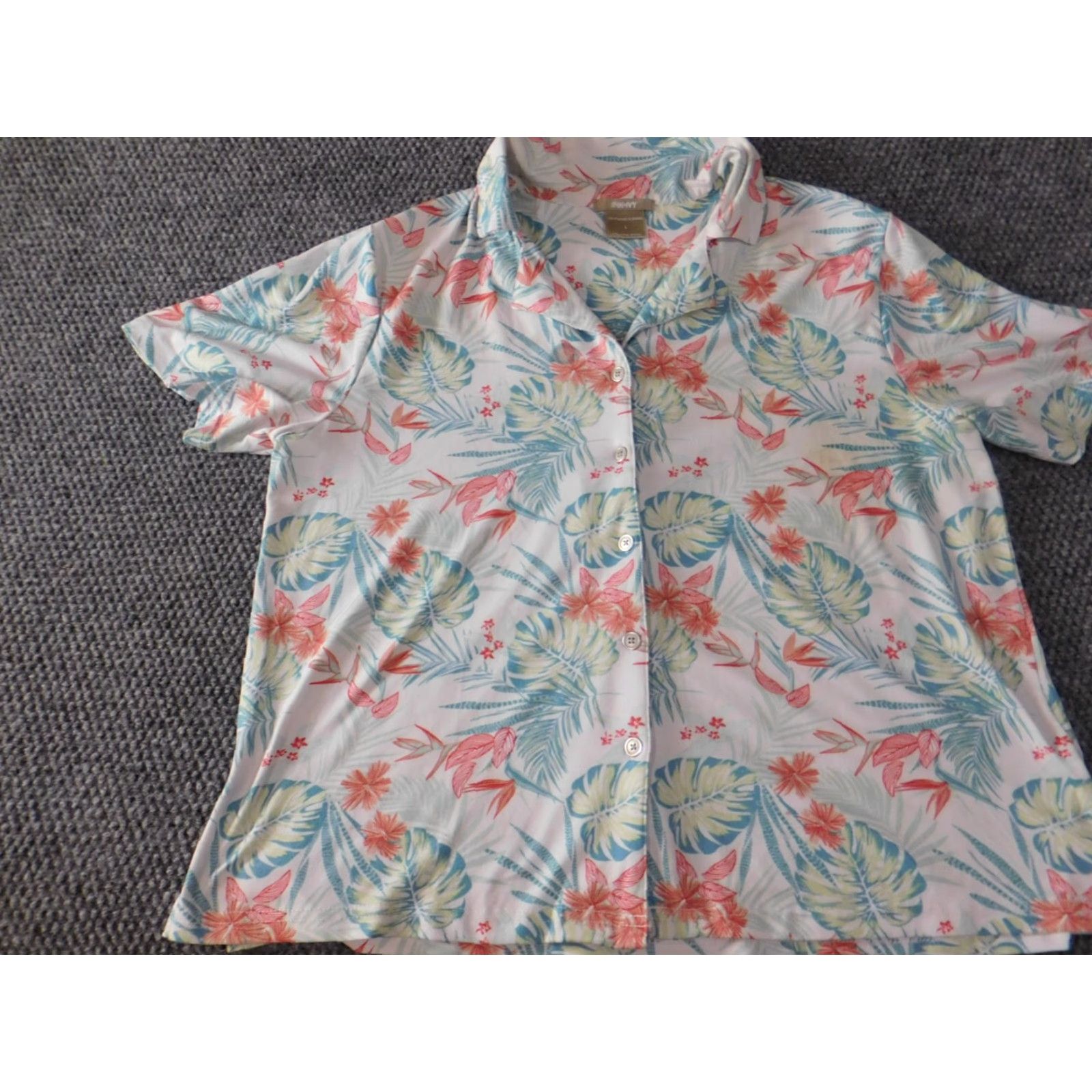 Vintage Ink + Ivy Womens Button-Up Shirt L Blue Floral Short Sleeve Collared Knit Polyester Spandex Stretch Casual Vintage? No (Vintage: No). Size L / US 10 / IT 46 - 3 Thumbnail
