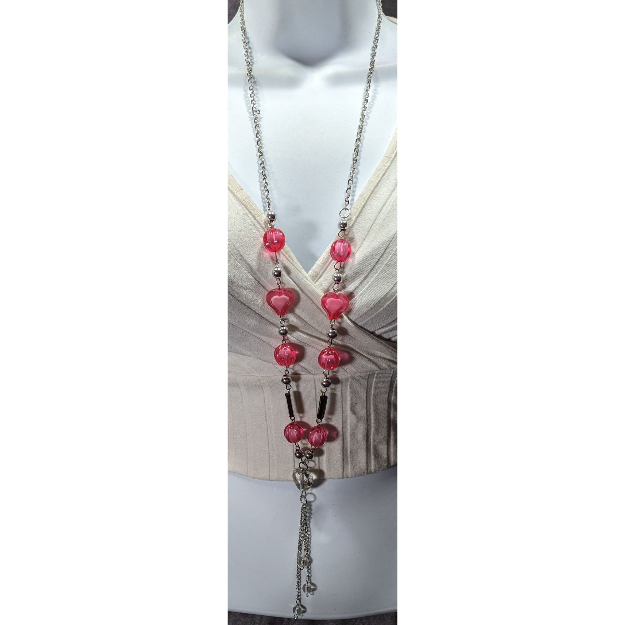 Other Coquette Heart Pink And Silver Tone Station Necklace With Ta Size ONE SIZE - 2 Thumbnail