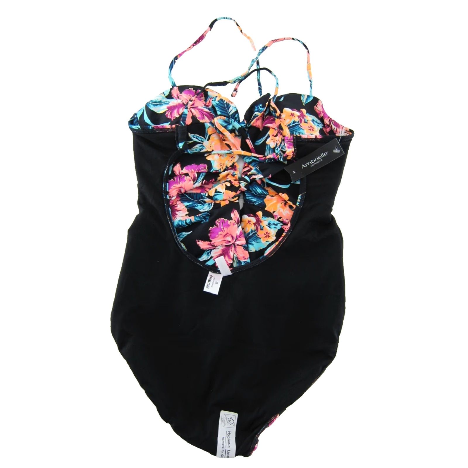 Vintage Ambrielle NWT One Piece Swimsuit (Medium) – Black Blue Pink Orange Tropical Floral; Nylon Spandex; Padded Bust; Lined; Women's Beach Wear Size ONE SIZE - 5 Thumbnail