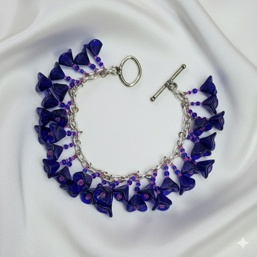 Handmade Charm Bracelet 7.25" Handmade Cobalt Blue Flower Czech Press Size ONE SIZE - 1 Thumbnail