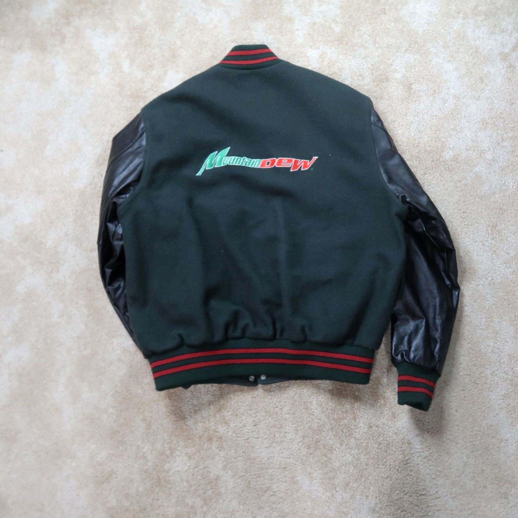 Holloway VINTAGE Mountain Dew Varsity Jacket Men XL Green Black Snap Button Leather Sleeves Embroidered Logo Zipper Pockets Wide Size? (adjusted to fit rules) Size US XL / EU 56 / 4 - 7 Thumbnail