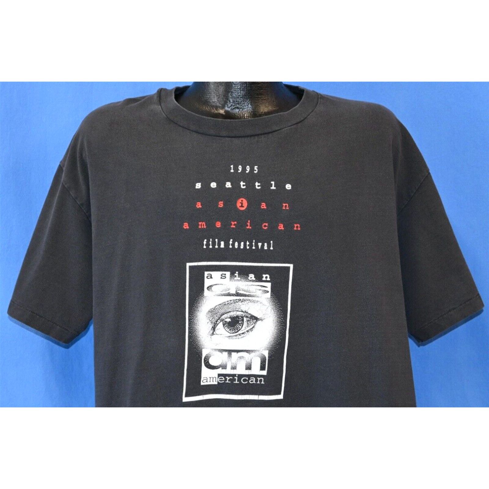 image of Hanes VTG 90's Seattle Asian American Film Festival 1995 Saaff Souvenir Eye T-Shirt XL in White