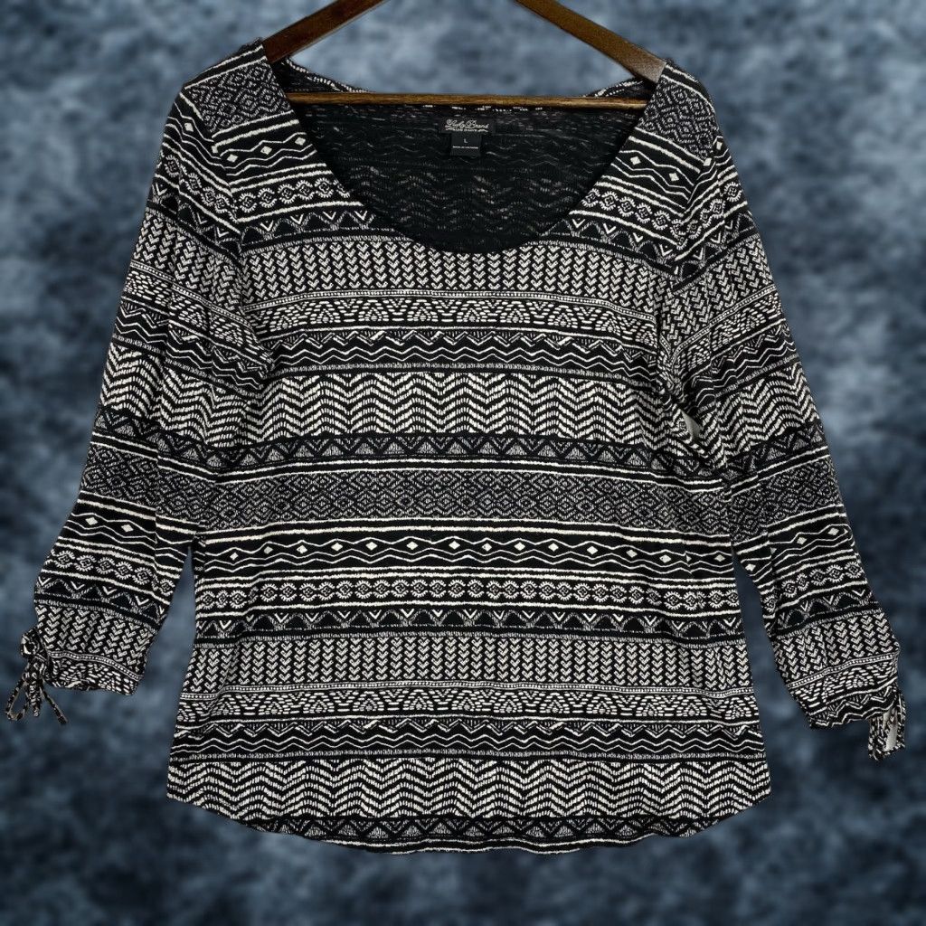 Lucky Brand Lucky Brand Top Blouse Womens L Black Aztec Print 3/4 Sleeve Lightweight Stretch Bohemian Modern Size L / US 10 / IT 46 - 1 Thumbnail
