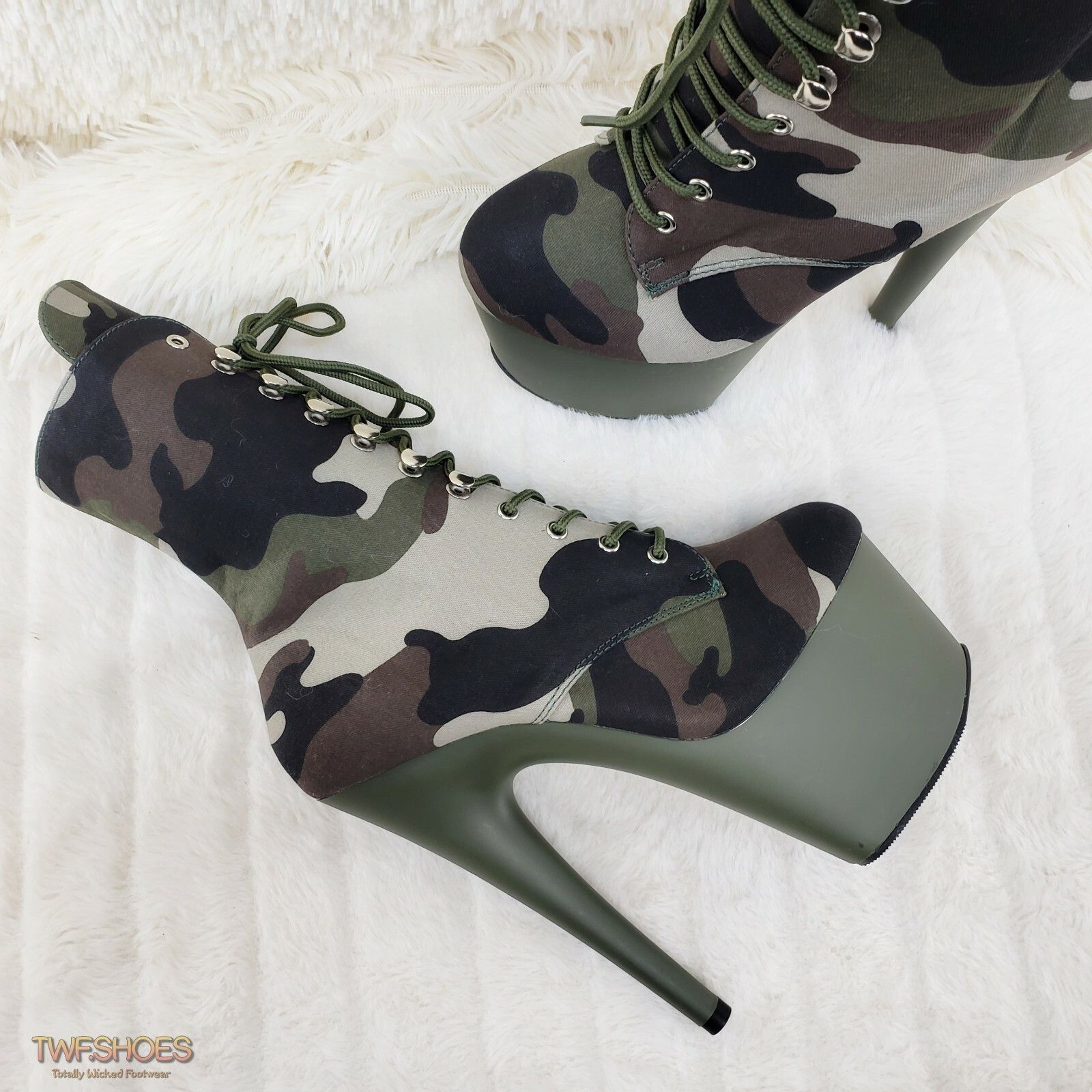 Other Adore 1020 Green Camo Olive Platform 7" High Heel Lace Up An Size US 7 / IT 37 - 6 Thumbnail