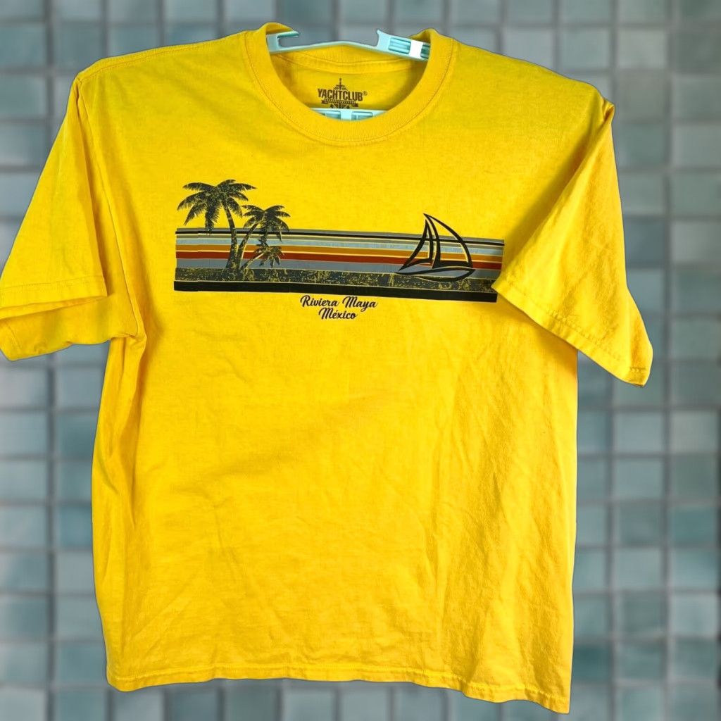 Vintage Riviera Maya Mexico Graphic T-Shirt Adult Large Yellow 90s Beach Retro Mens Size US L / EU 52-54 / 3 - 1 Thumbnail