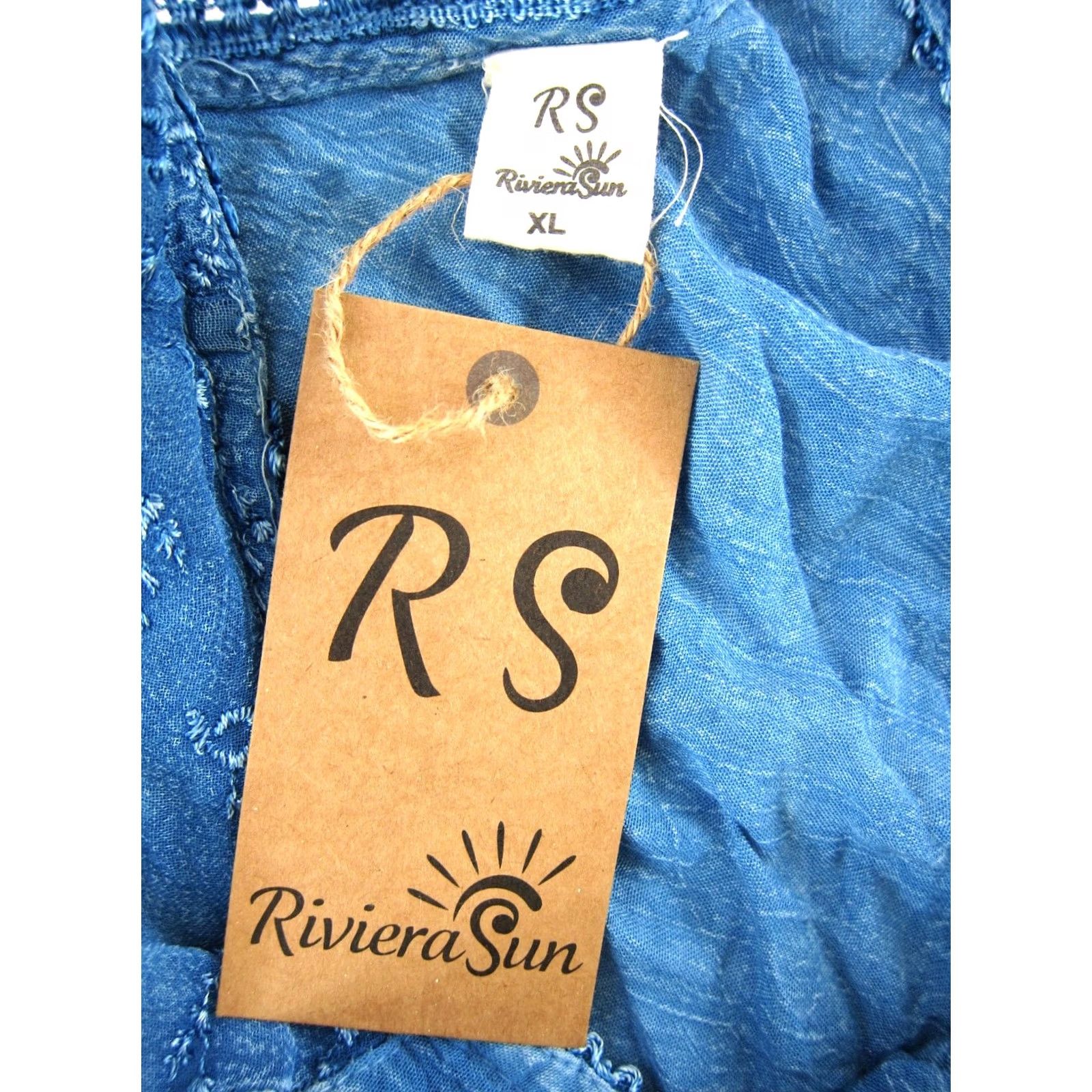 Rivieras Riviera Sun Dress Floral Short Sleeve Smock XL Blue White Embroidered Midi NWT Rayon Women's Shirt Dress Size 40" / US 18 - 3 Thumbnail