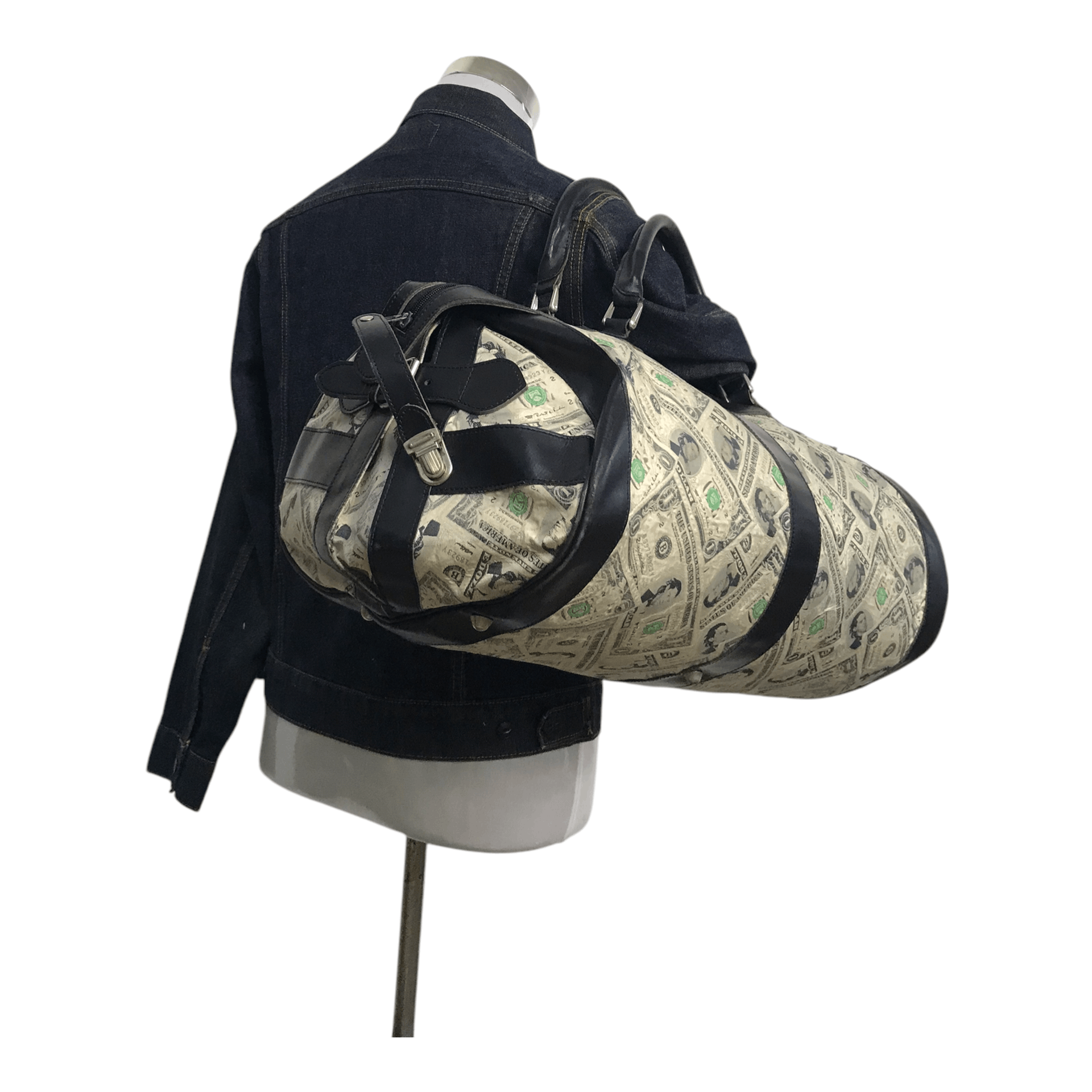 Jeremy Scott × Vintage Vintage Jeremy Scott Printed Money Half Leather Duffle Bag Size ONE SIZE - 2 Thumbnail