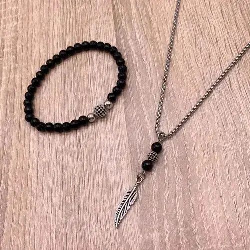 Beads x Jewelry Beaded Bracelet + Charm Feather Pendant Necklace in Black, Men's
