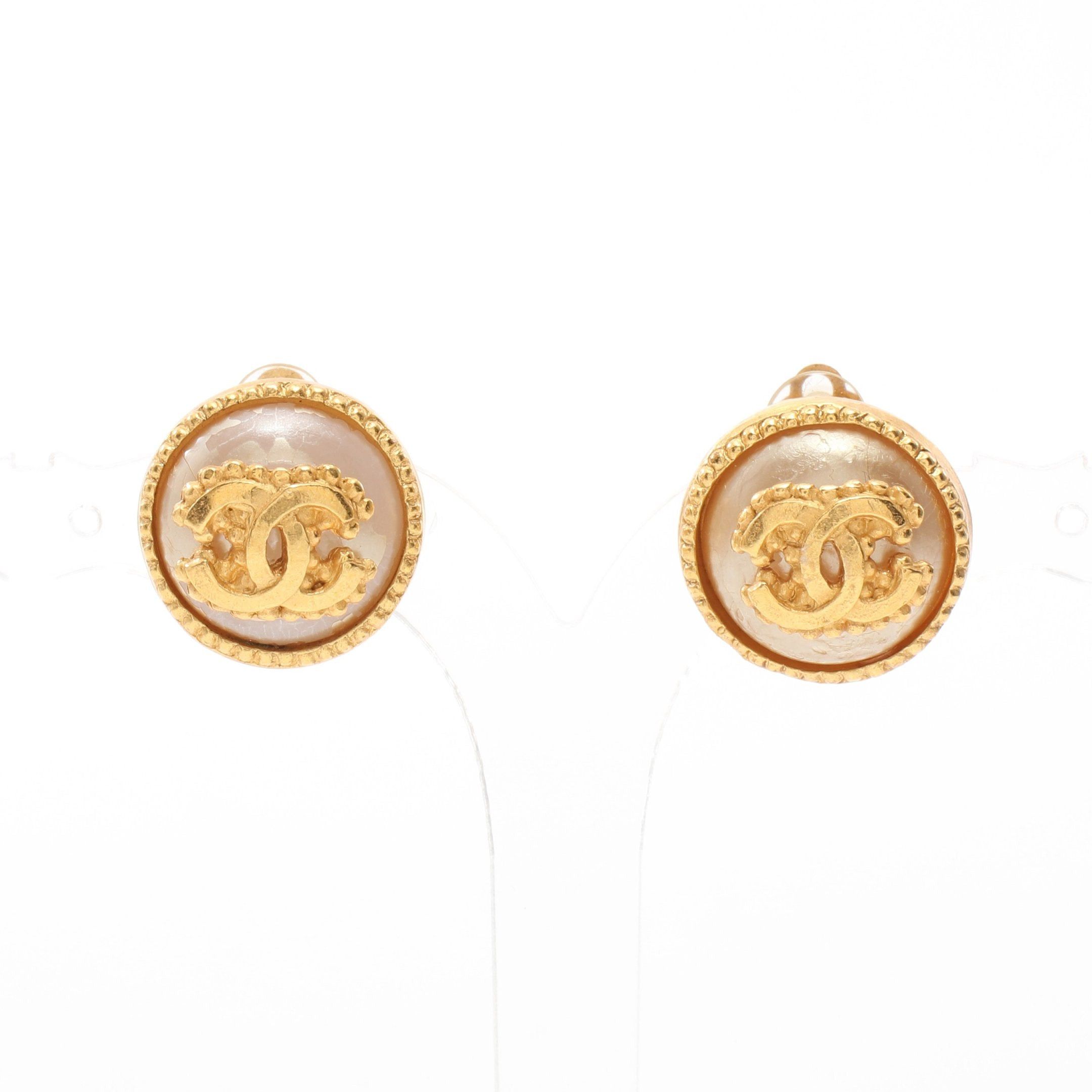 image of Chanel Coco Mark Earrings Gp Fake Pearl Gold White 96A, Women's