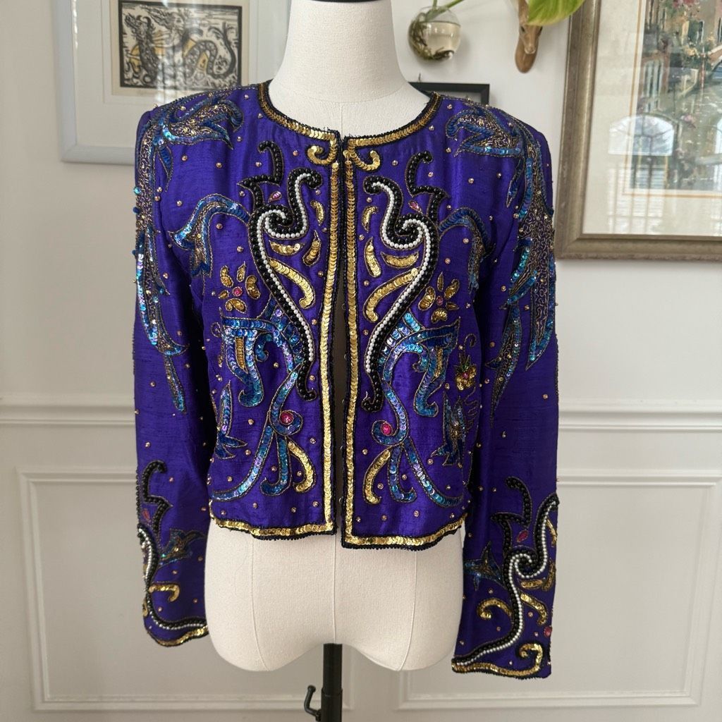 Vintage Vintage 80s Hudson’s Silk Purple Gold Bling Cropped Bolero J Size M / US 6-8 / IT 42-44 - 2 Thumbnail