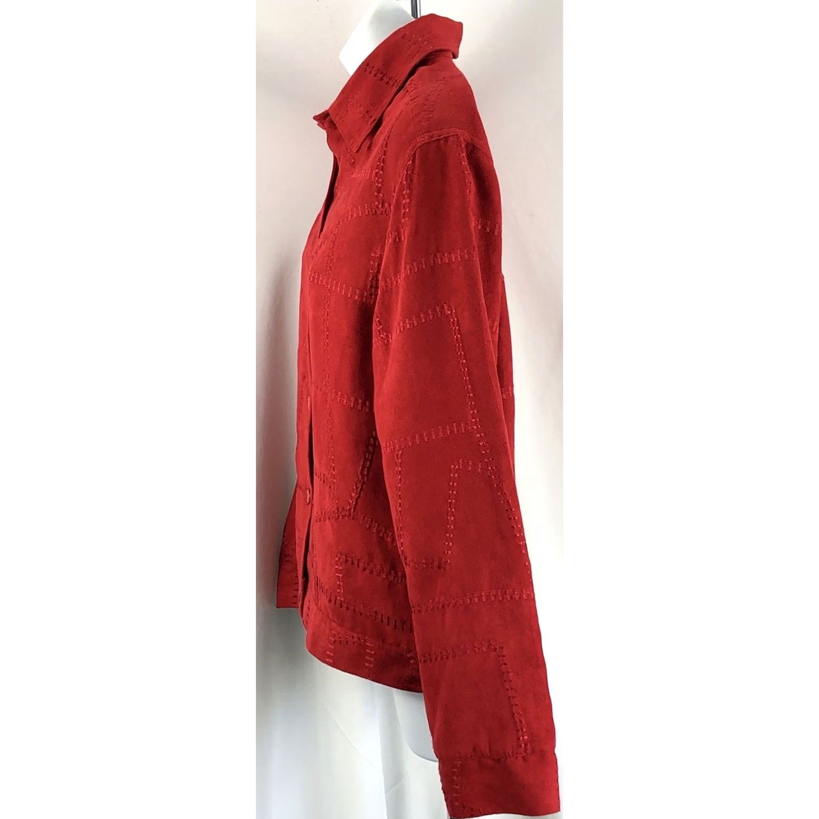 Vintage Christopher & Banks Red Jacket M Patchwork Stitching Buttonup Longsleeve Faux Suede Glam Punk Women Size M / US 6-8 / IT 42-44 - 2 Thumbnail