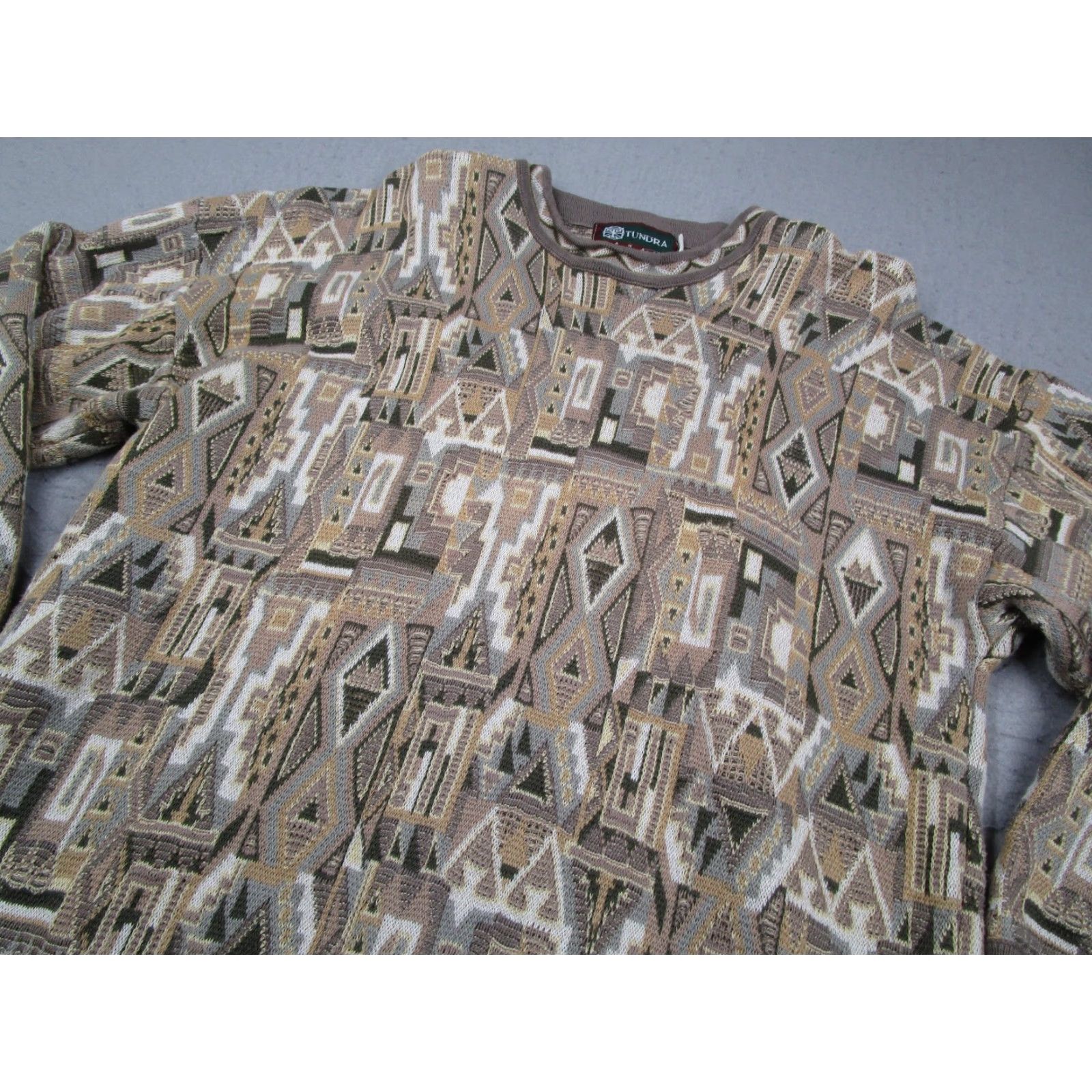 Vintage VINTAGE Tundra Sweater Women XL Brown Tan 3D Geometric Knit Crewneck Heavyweight Pullover 90s Retro Womens Size XL / US 12-14 / IT 48-50 - 2 Thumbnail