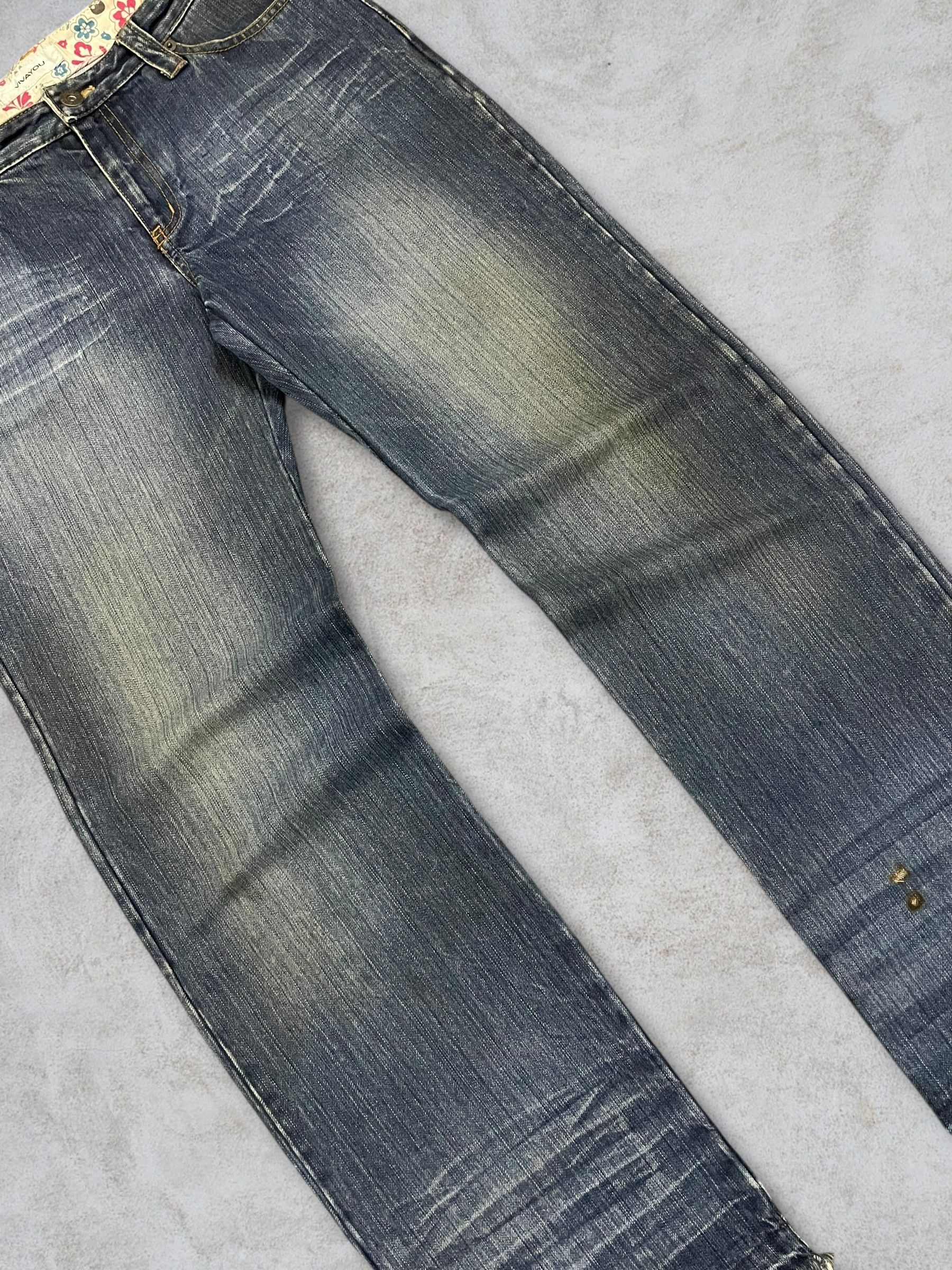 Japanese Brand Vintage Japanese Skull Gothic Loose Straight Frayed Jeans Size 31" - 9 Thumbnail