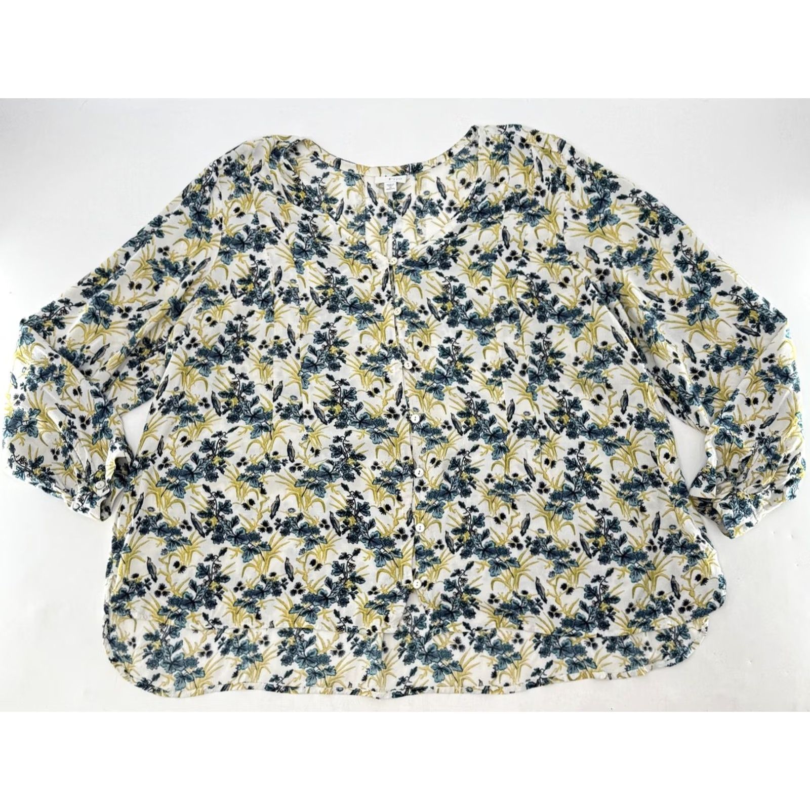 J. Jill J.Jill Blouse Womens Plus 3x Blue Yellow Floral Button Front Long Sleeve Rayon Size XXL / US 16-18 / IT 52-54 - 5 Thumbnail