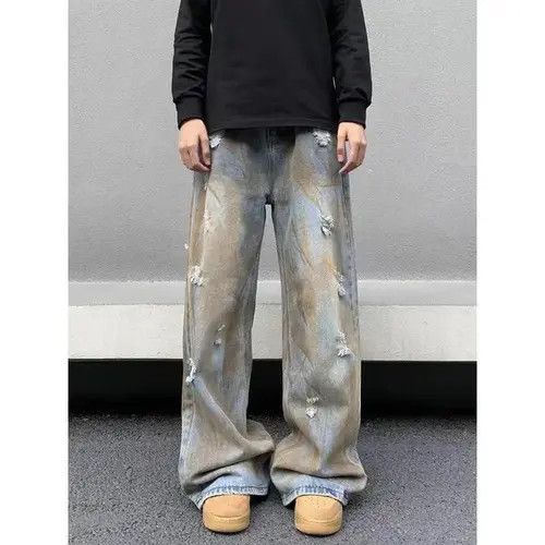 Designer × Japanese Brand × Vintage Hole Tie-dye Distress Wide Leg Jeans Size US 34 / EU 50 - 1 Thumbnail