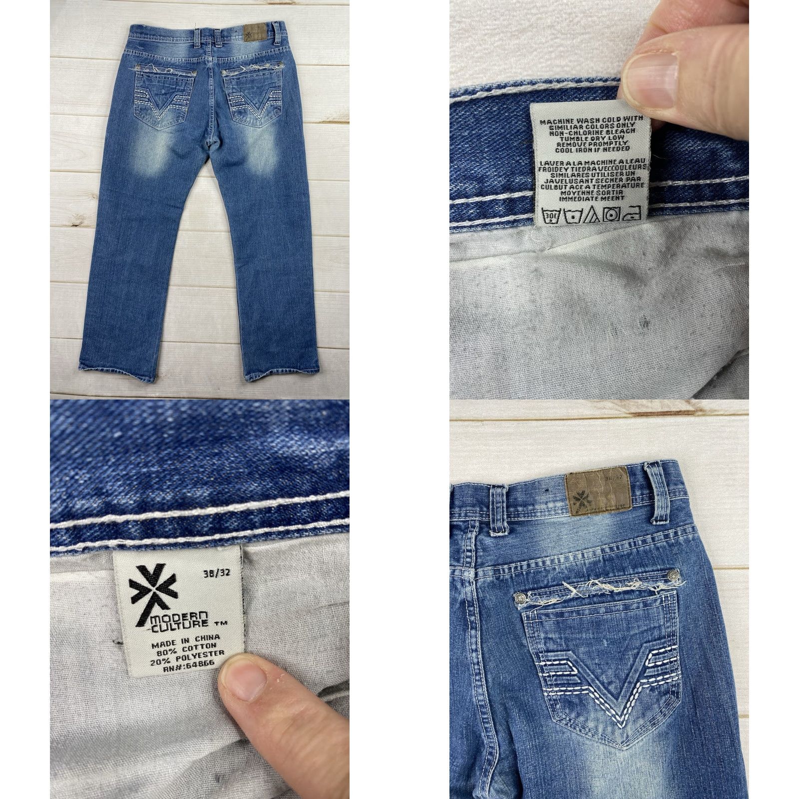 Vintage Modern Culture Jeans 5-Pocket Denim Distressed Pockets Size 38/32 Men's Blue Stone Wash Made in China / Regular Fit Size US 38 / EU 54 - 8 Thumbnail
