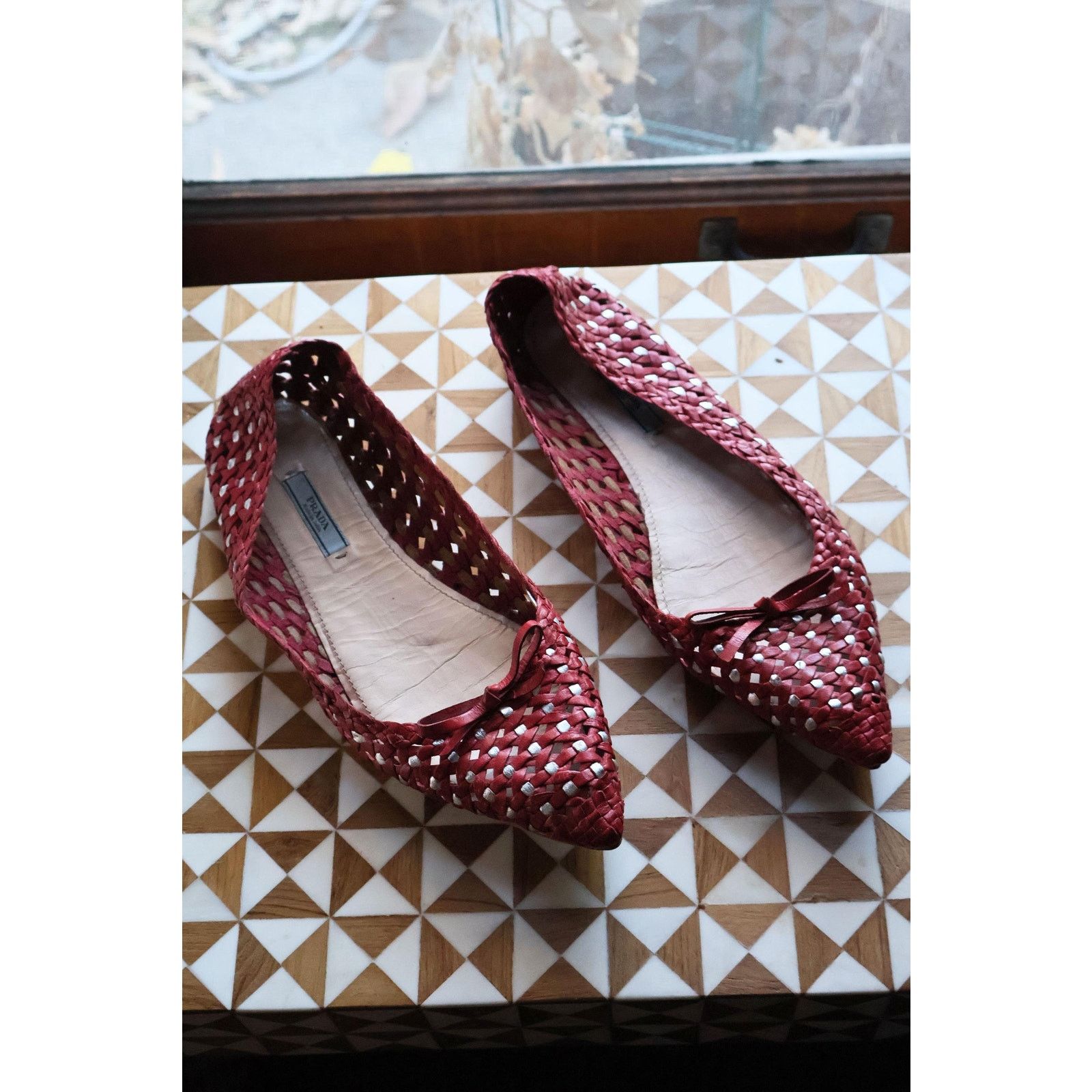 Prada Vintage PRADA Y2K Red + Metallic Silver Leather Woven Flats Size US 10 / IT 40 - 1 Thumbnail
