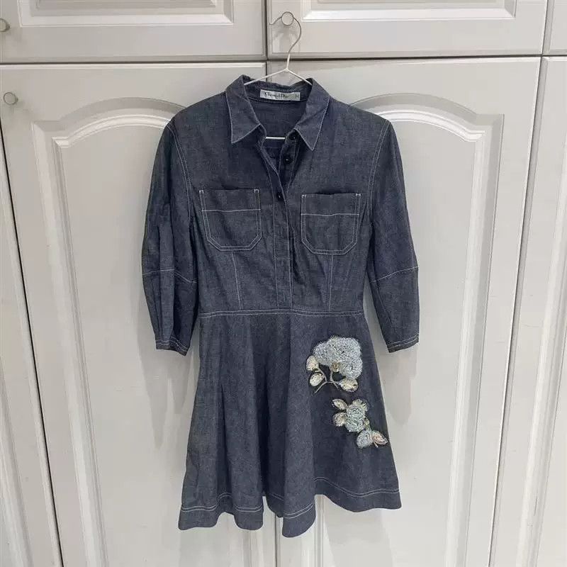 Dior blue vintage denim embroidered dress by dior Size US 36 / EU 52 - 1 Preview