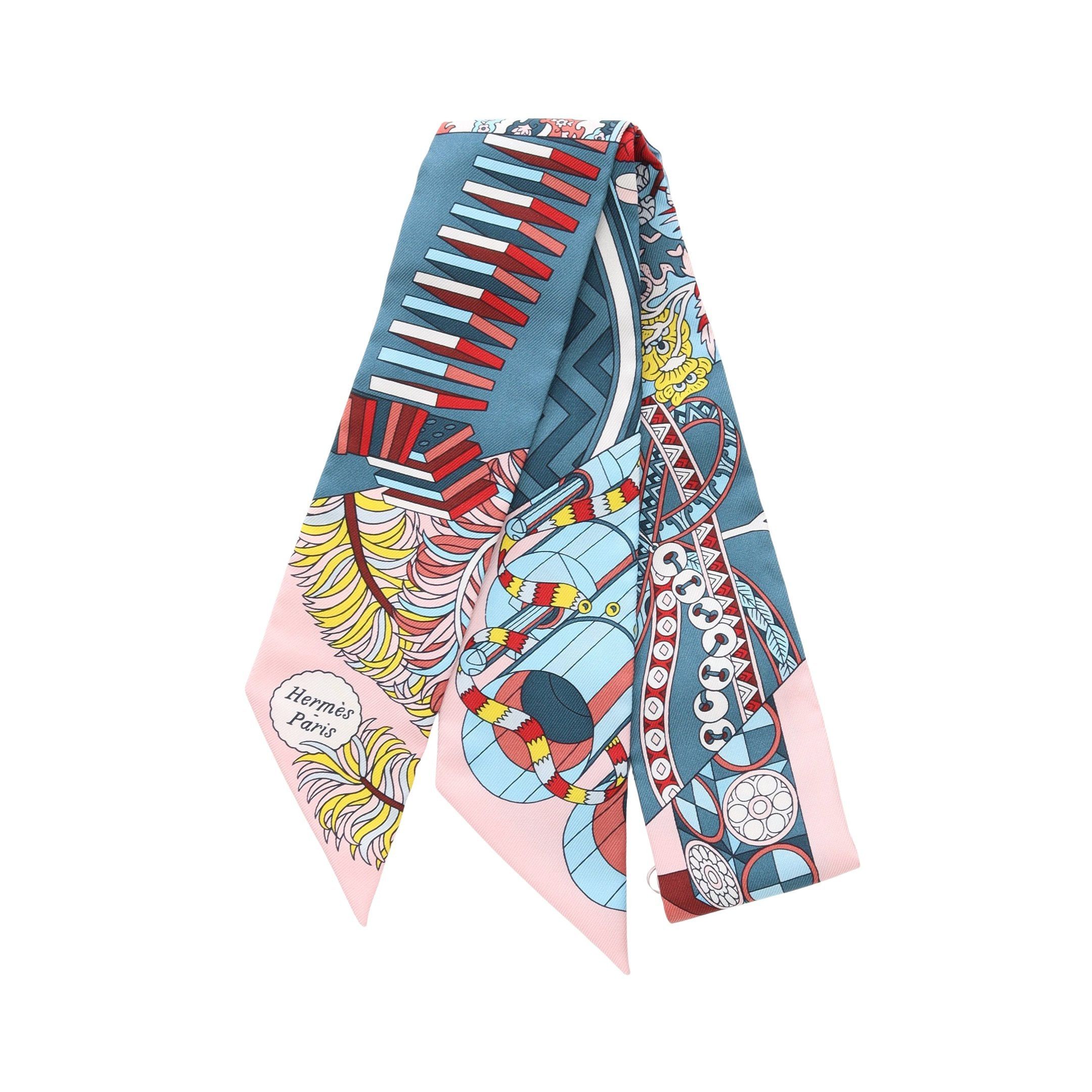 Hermes Hermes Twilly De Aux Duels Vieux Ribbon Scarf Silk Blue Green Multicolor Size ONE SIZE - 1 Thumbnail