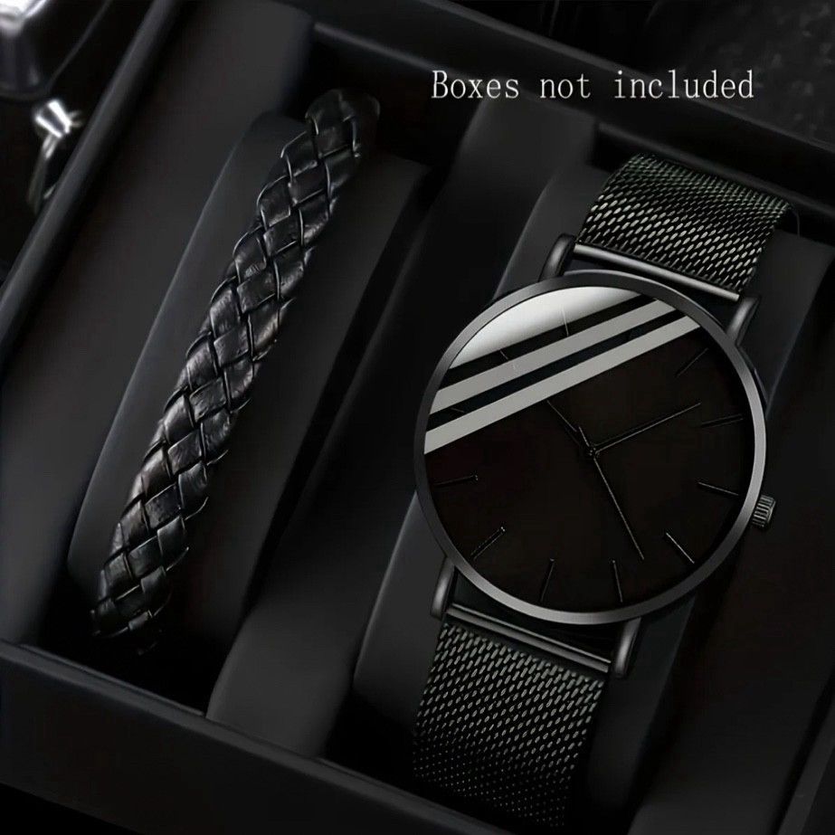 Designer 2Pc Fashion Quartz Watch And Leather Bracelet Sets Shock Res in Black, Men's