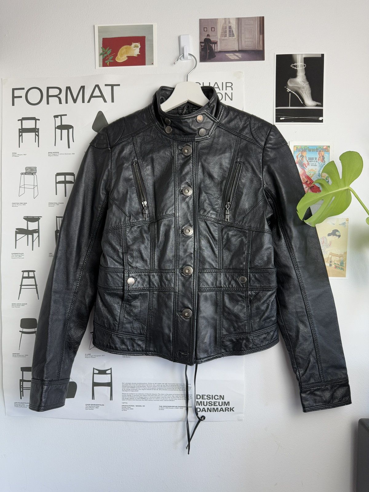 Vintage Black cropped moto biker leather jacket S archive 90s