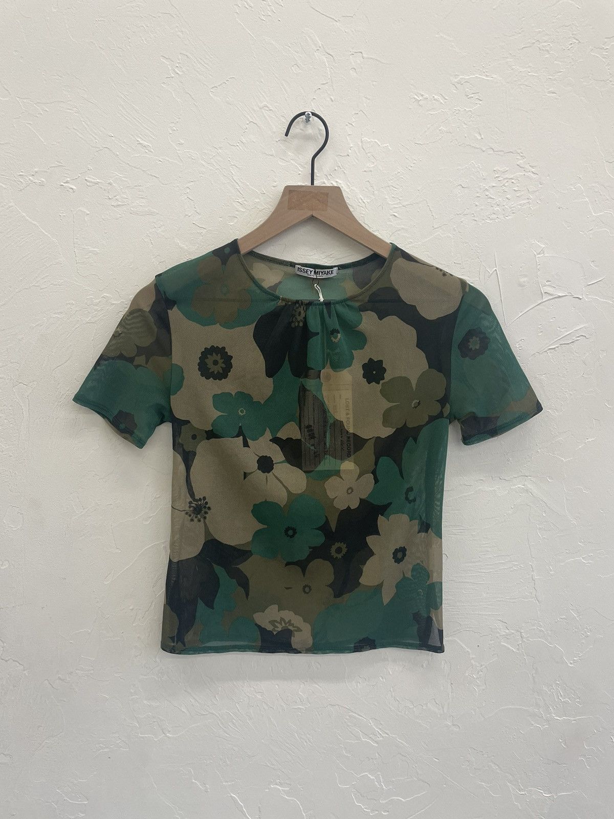image of Issey Miyake Sheer Short Sleeve Blouse in Green, Women's (Size Medium)