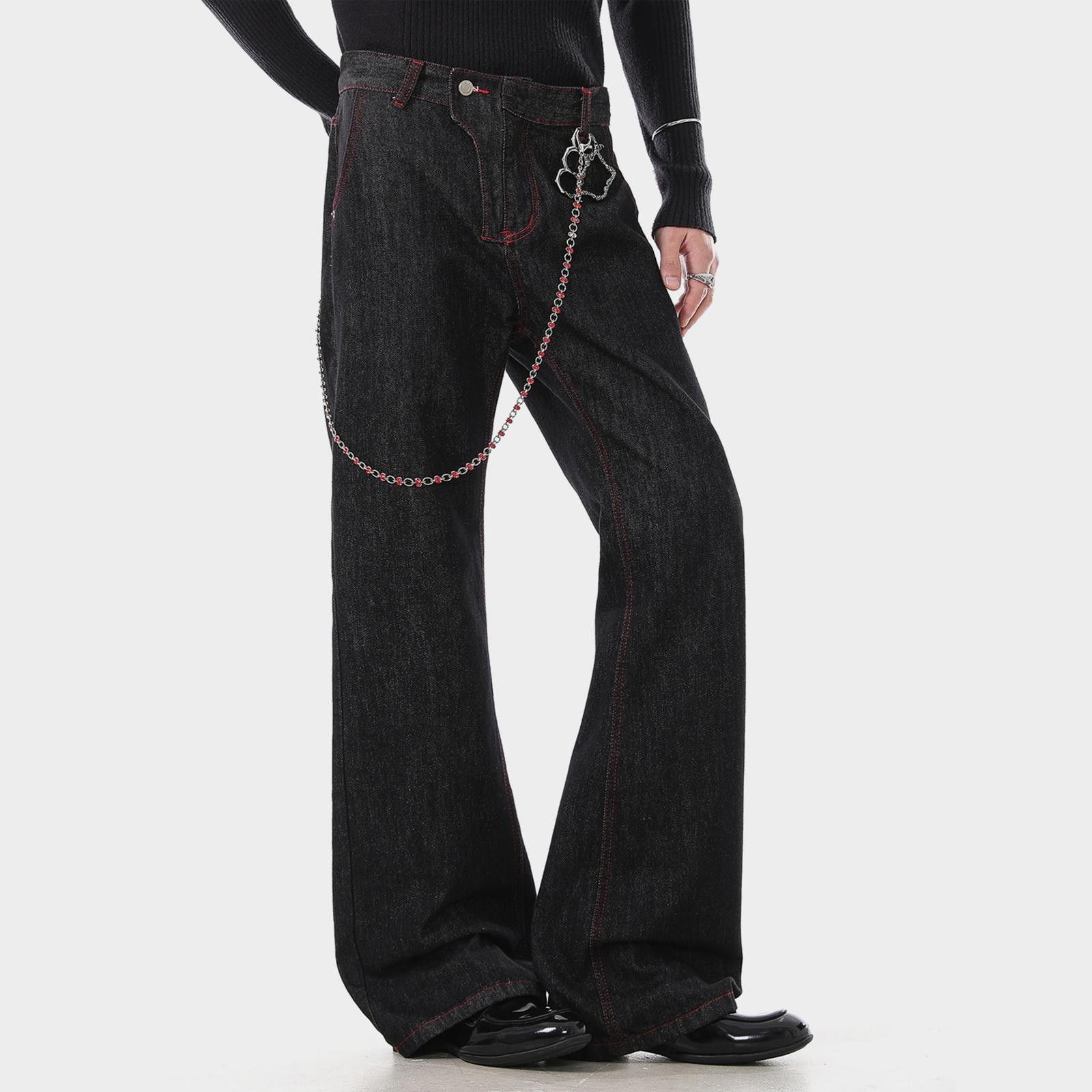 Vintage Black Wide Leg Denim Jeans with Chain Detail Size US 32 / EU 48 - 2 Thumbnail