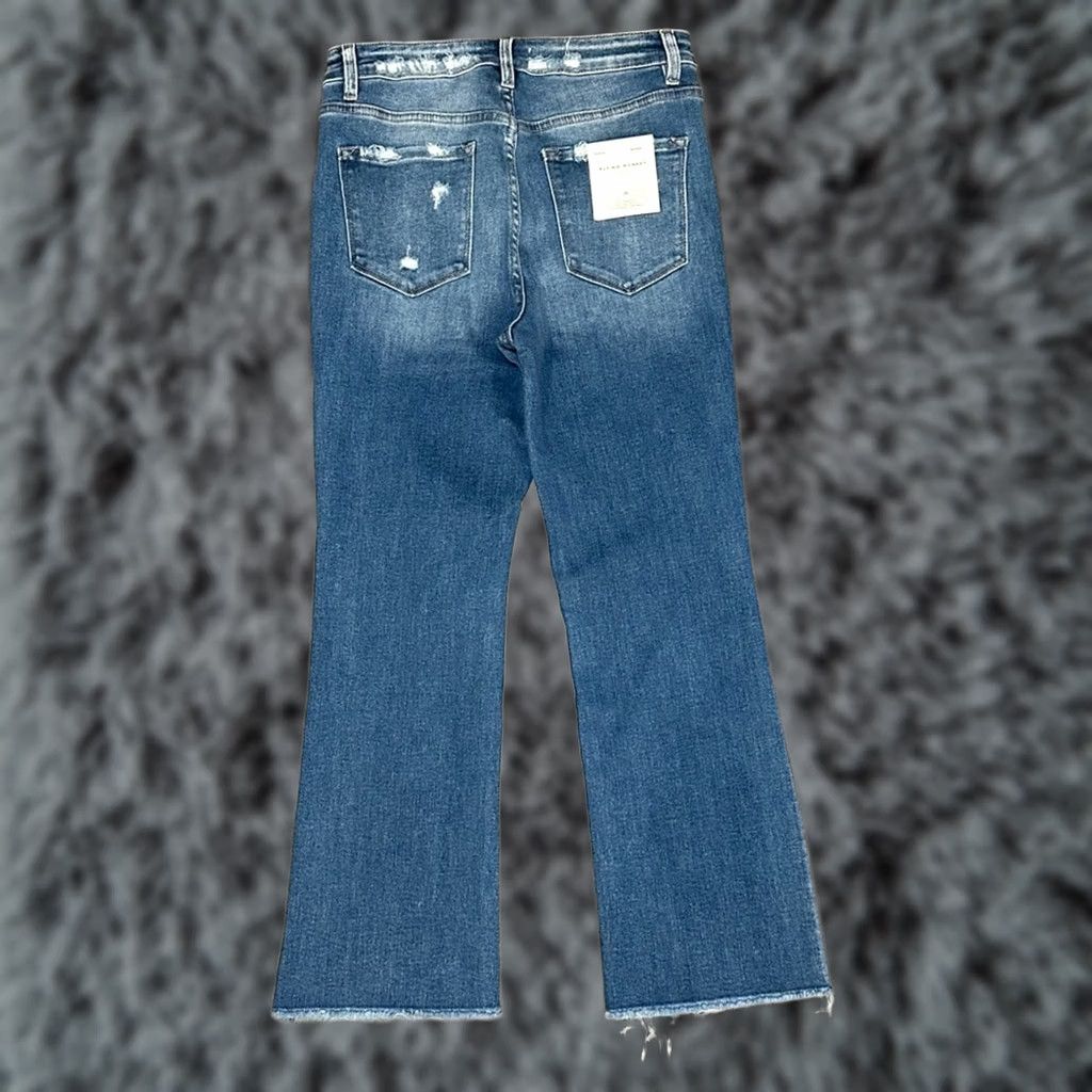 Vintage Flying Monkey Black Label High Rise Crop Flare Raw Hem Jeans 29 Women NWT Blue Jeans Flared Cotton Polyester Rayon Spandex 26.5 Inseam Womens Size 29" - 1 Thumbnail