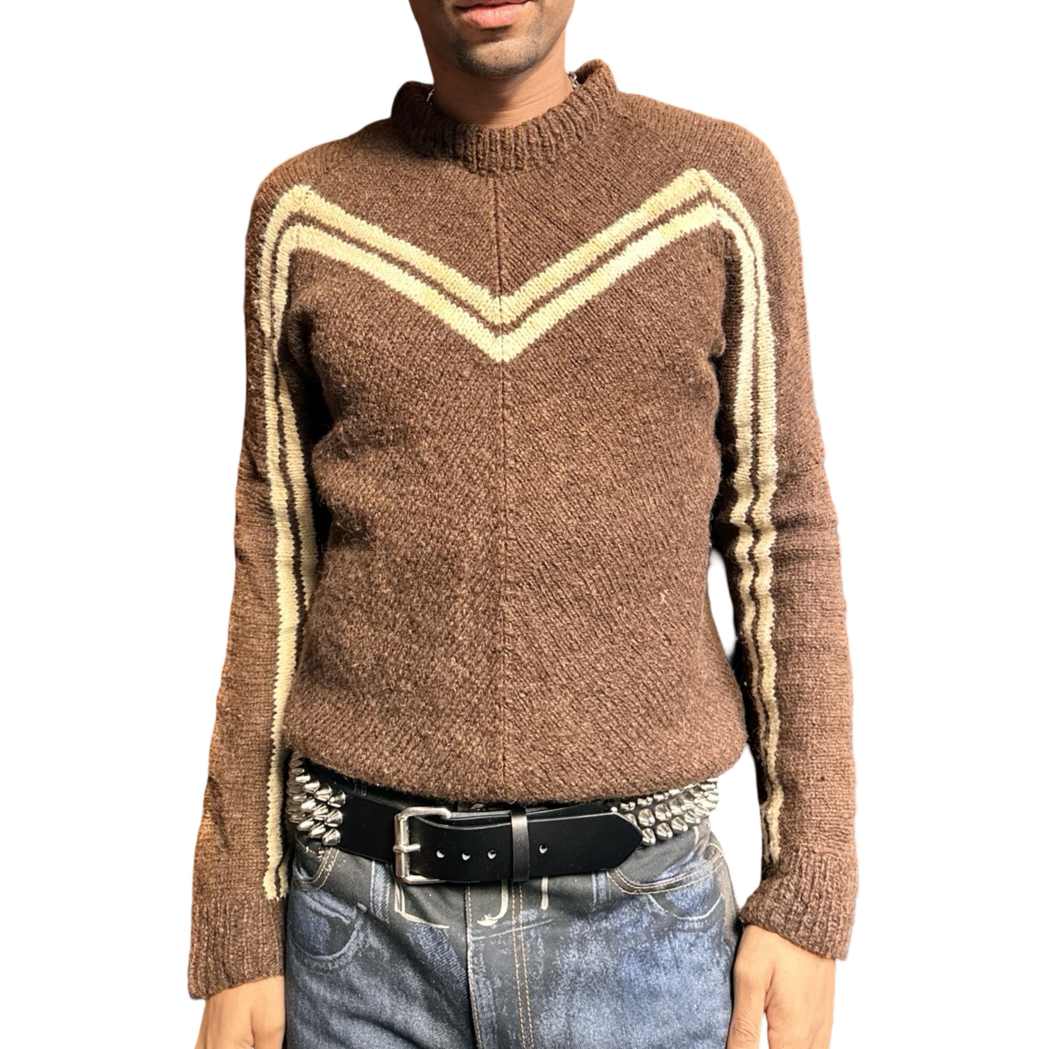 Vintage Vintage Brown Wool ‘Prada Style’ V Pattern Sweater – Large Size US L / EU 52-54 / 3 - 1 Thumbnail