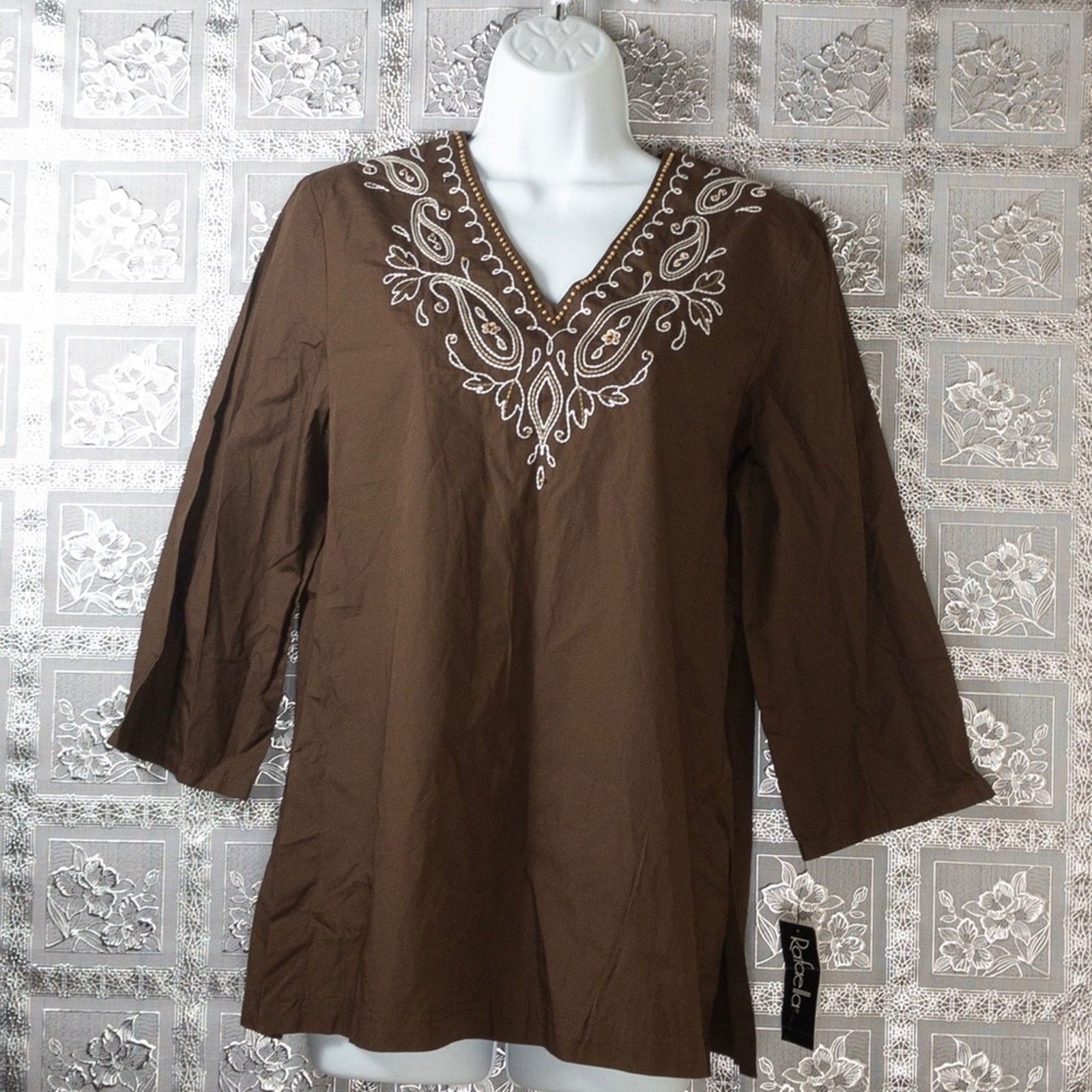 Other NWT Rafaella Brown Poplin Paisley Embellished Top Size M / US 6-8 / IT 42-44 - 3 Thumbnail